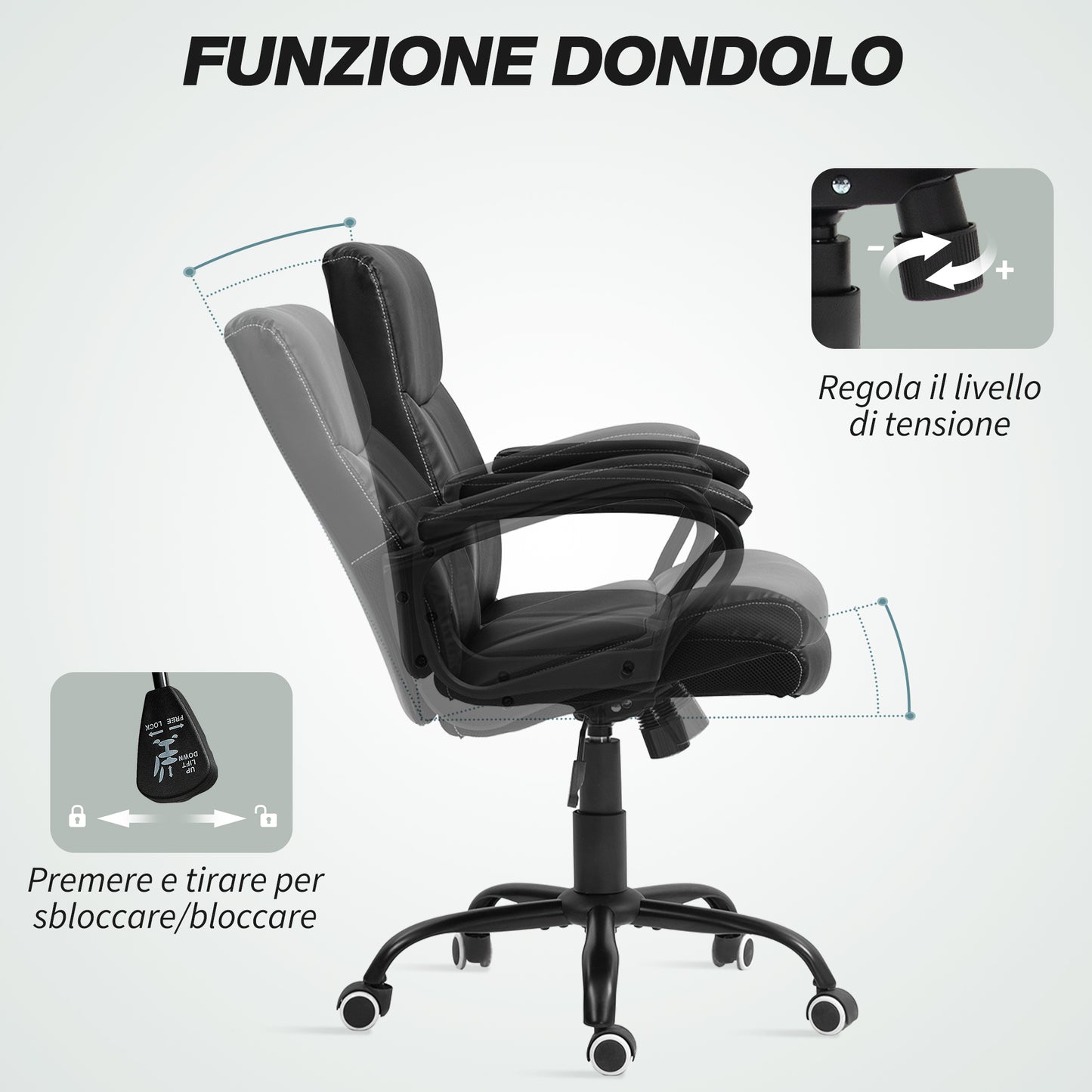 HOMCOM Height Adjustable Office Chair with Tilt Function, in PU Leather, 61x62x95-105 cm, Black