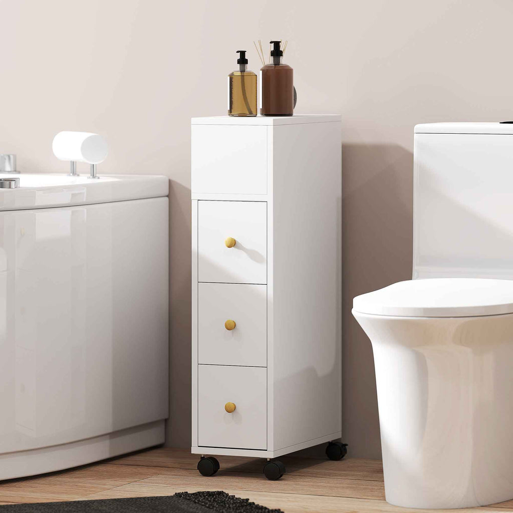 HOMCOM Space-Saving Bathroom Cabinet with Wheels, 3 Drawers and 5 Compartments with Adjustable Shelves, 20x40x80 cm, White