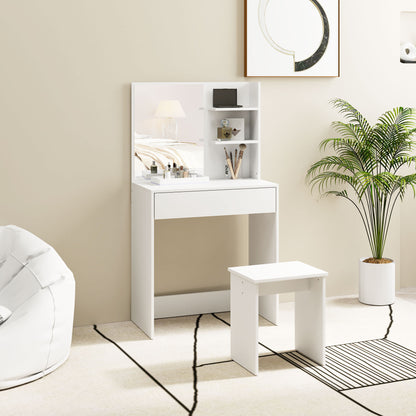 Make-up Table with 3 Shelves and Drawers with Mirror and Stool, 75x40x137 cm, White