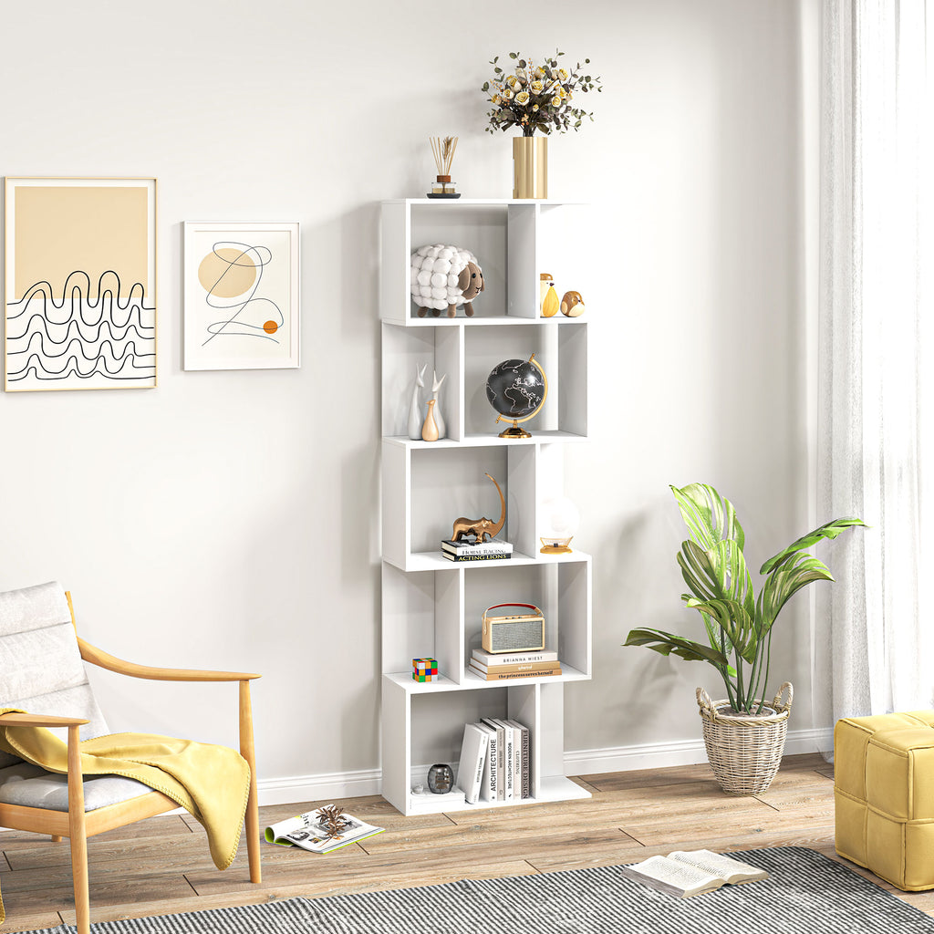 Wooden Bookcase Cabinet with 5 Shelves with Divider, 60x24x184.5 cm, White