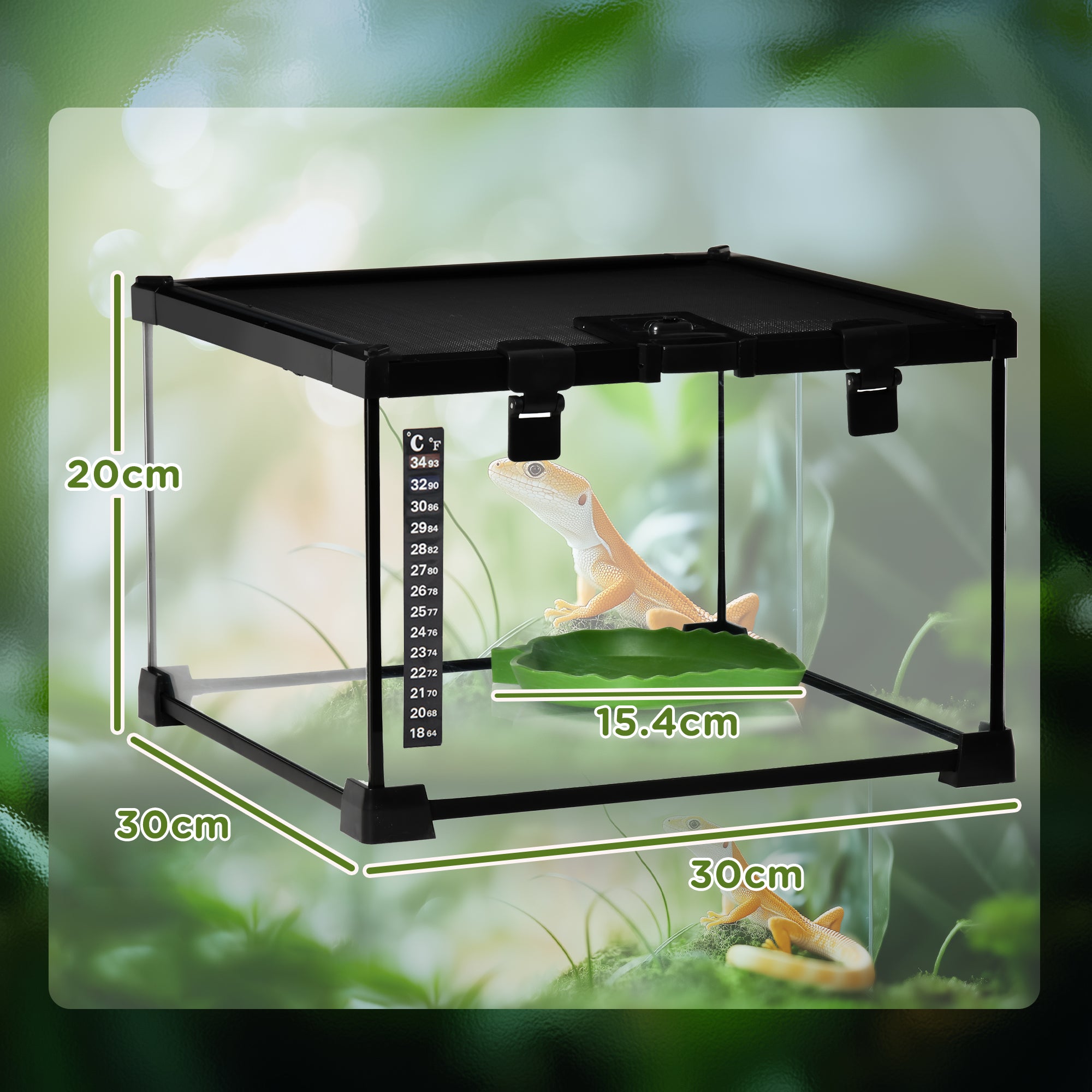 Raised Terrarium for Reptiles with Lock and Thermometer, in Glass and Metal Mesh, 30x30x20 cm, Black