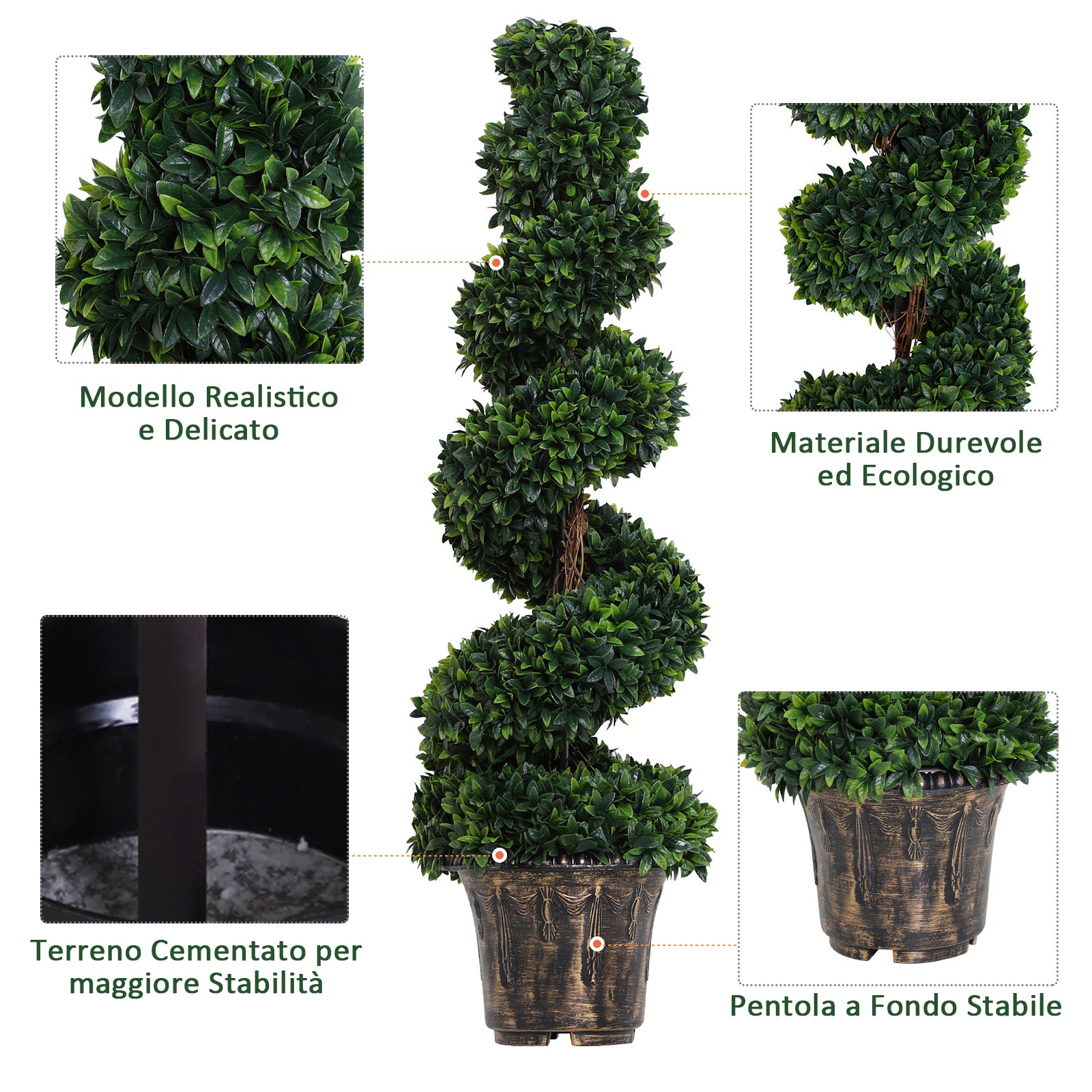 Set of 2 Artificial Boxwood Spiral Plants for Indoor and Outdoor Use with Pot, Ø32x120 cm, Green