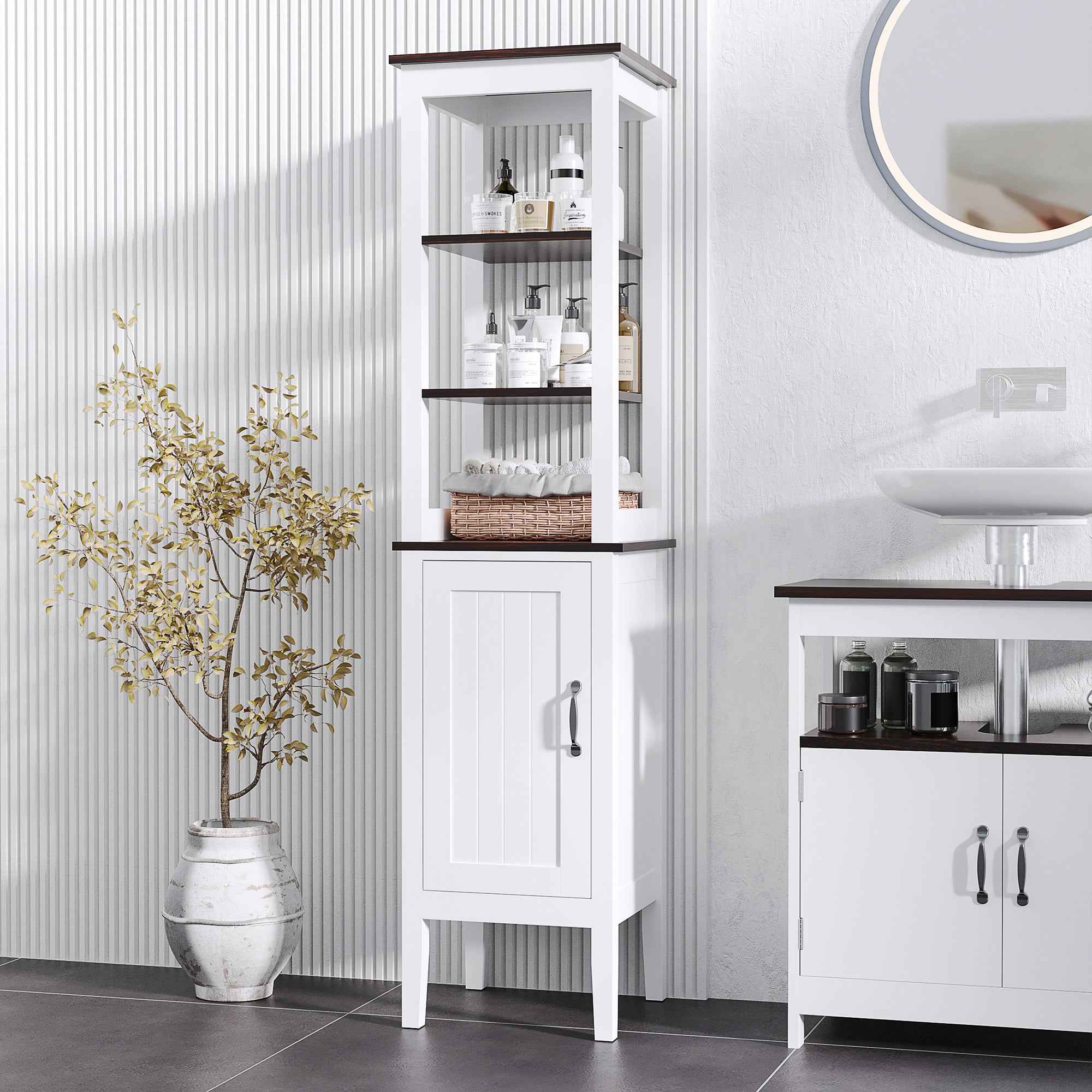HOMCOM Tall Narrow Bathroom Cabinet, Space-Saving Bathroom Storage Cabinet with 3 Open Shelves, Adjustable Shelf, for Laundry Room, 40x38x162.5 cm, White