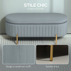 72L Oval Storage Bench with Lift-Top Lid, Velvet Fabric and Wood, 108x44x43.5 cm, Grey