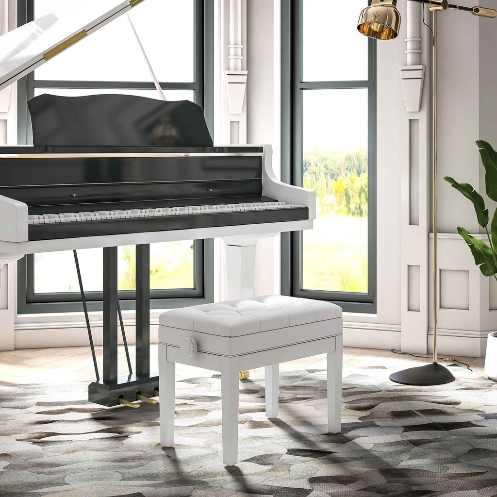 HOMCOM Adjustable Piano Stool with Storage Compartment and Padded Seat, 54.5x33x48-58 cm, White