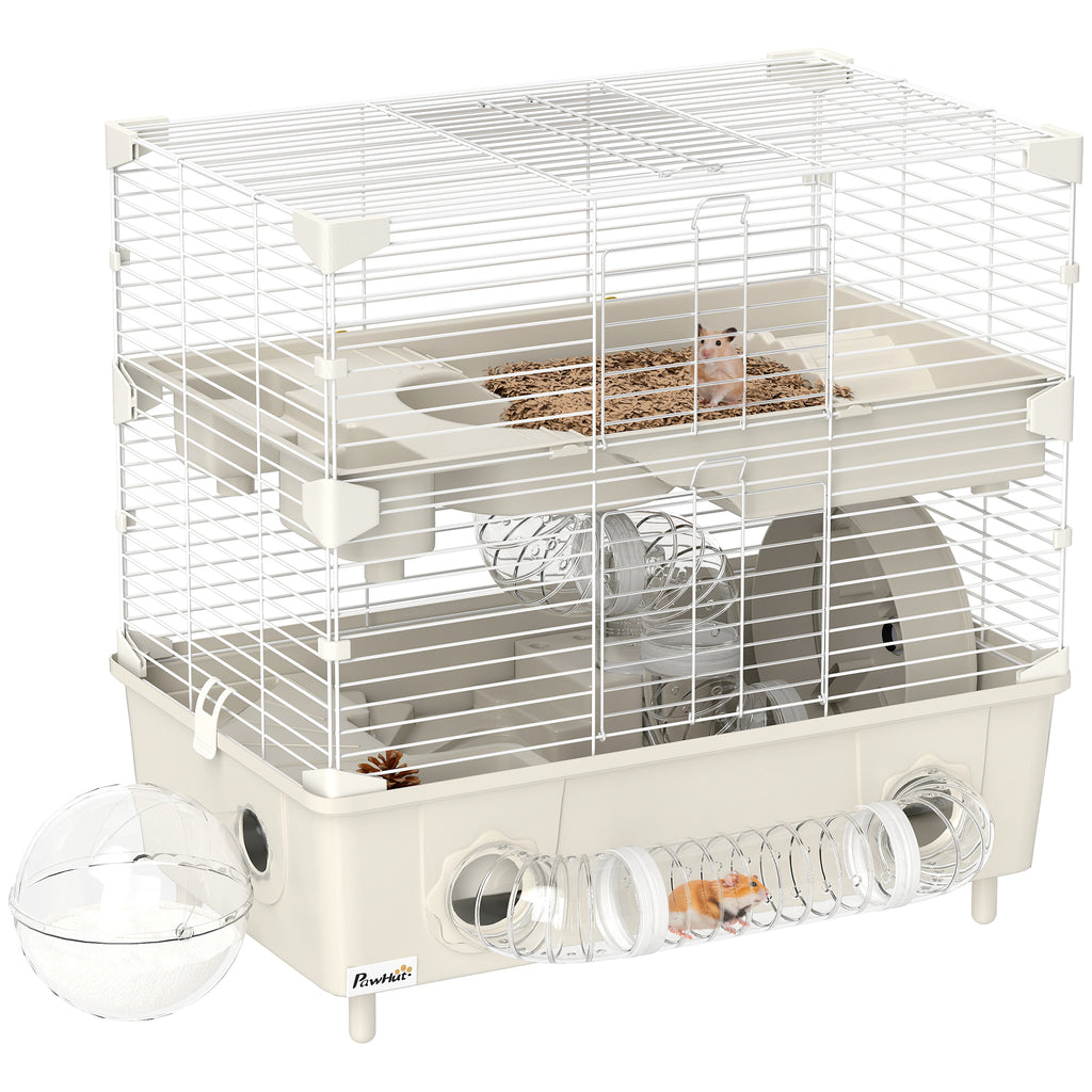 2-Tier, 3-Door Hamster Cage with Wheel and Tubes, Steel, PS and PP, 44.5x28x44 cm, Cream and White