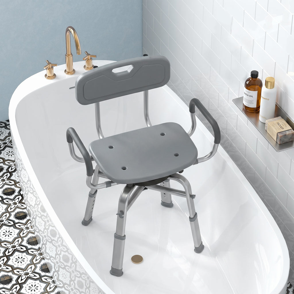 HOMCOM Height-Adjustable Swivel Shower Chair with Armrests, Backrest, 150kg Capacity, Grey