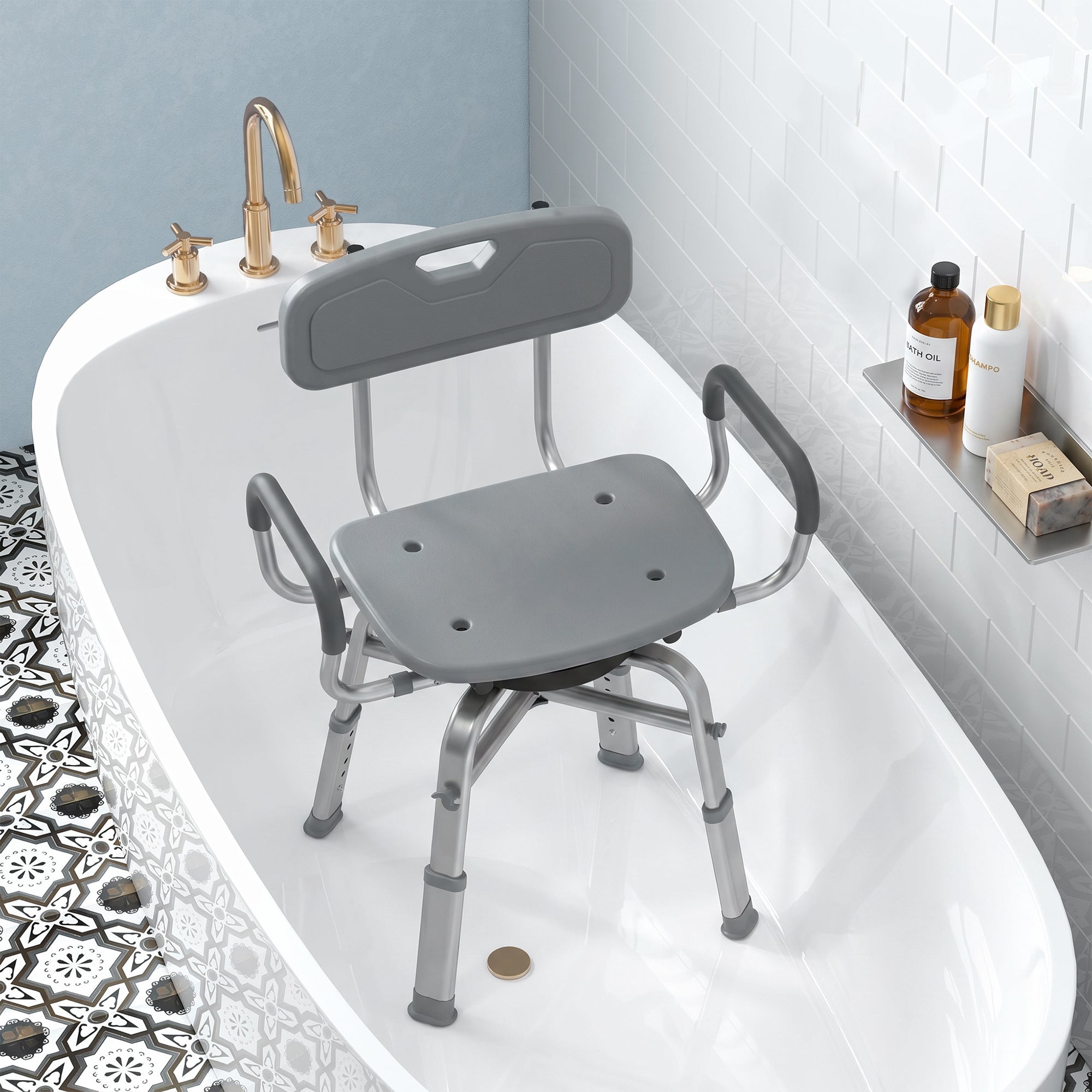 HOMCOM Height-Adjustable Swivel Shower Chair with Armrests, Backrest, 150kg Capacity, Grey