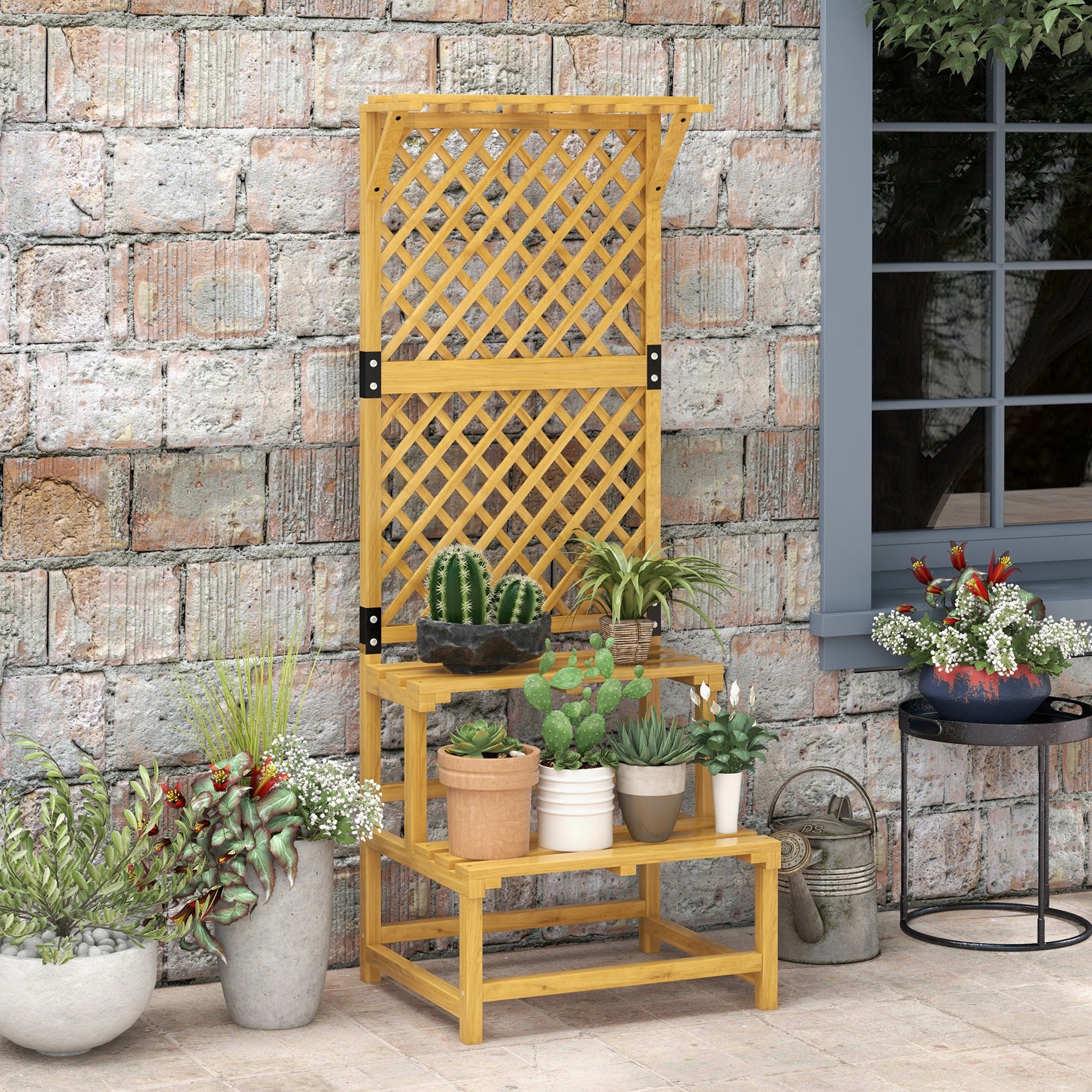 Outsunny Planter with 2-Tier Grille with Roof and Slatted Shelves, in Fir Wood, 60x50x166 cm - Borgè