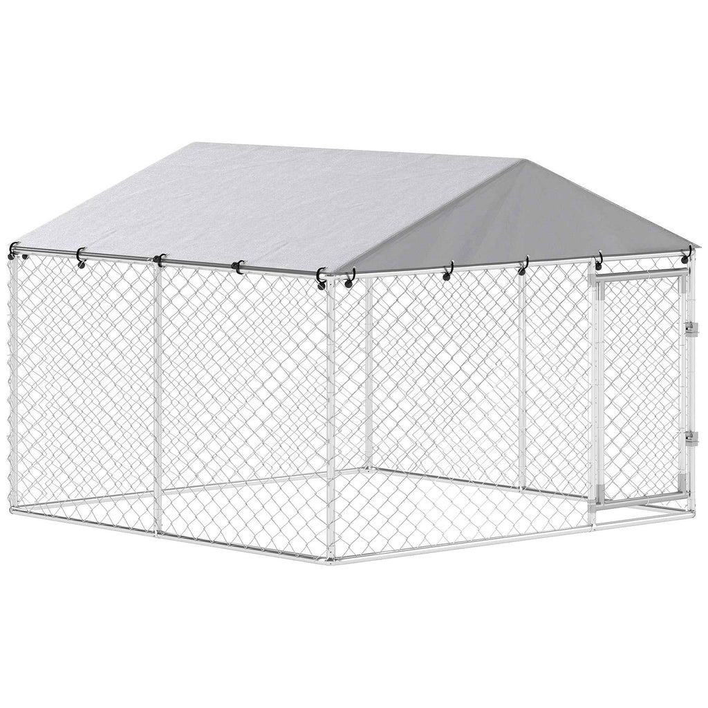PawHut Outdoor Dog Playpen, Galvanized Steel with PE Roof, Anti-UV, Waterproof, Double Lock, Silver
