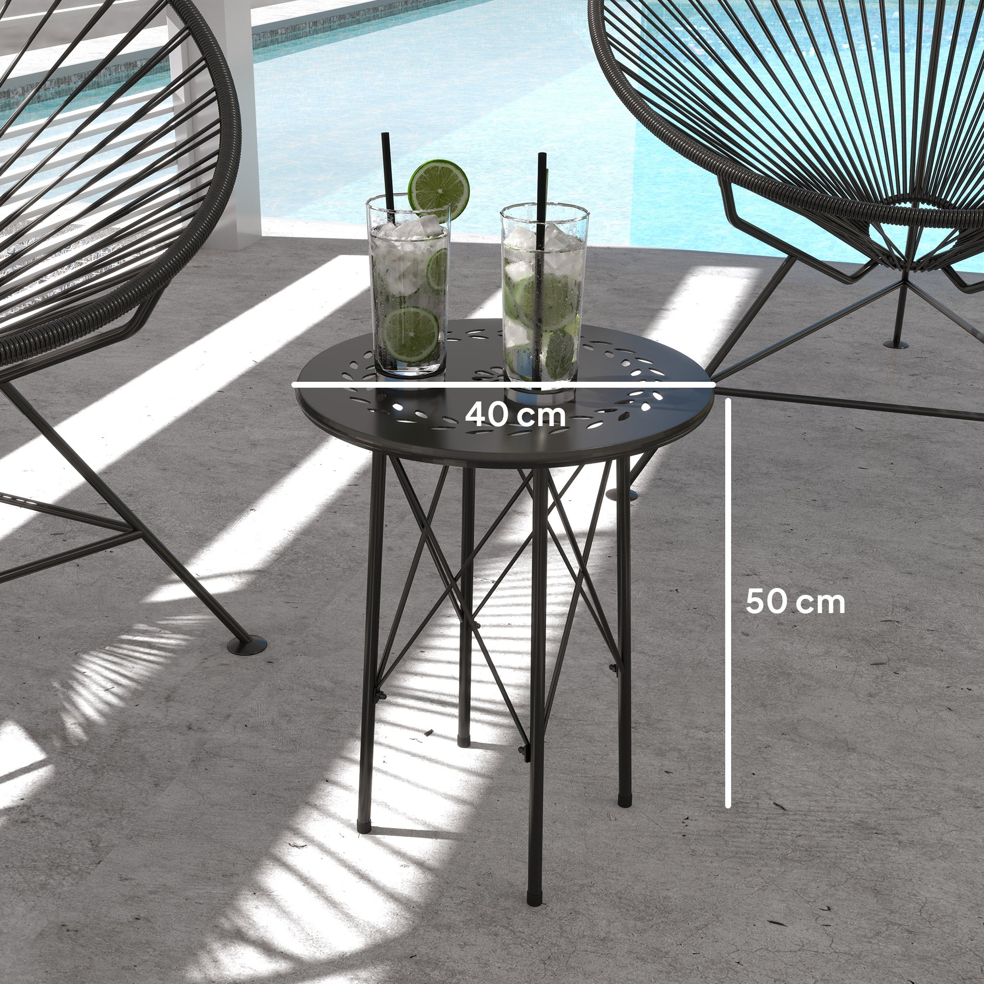 Garden Coffee Table with Carvings of Flowers and Leaves, Outdoor and Indoor Table, Ø40x50 cm, Black