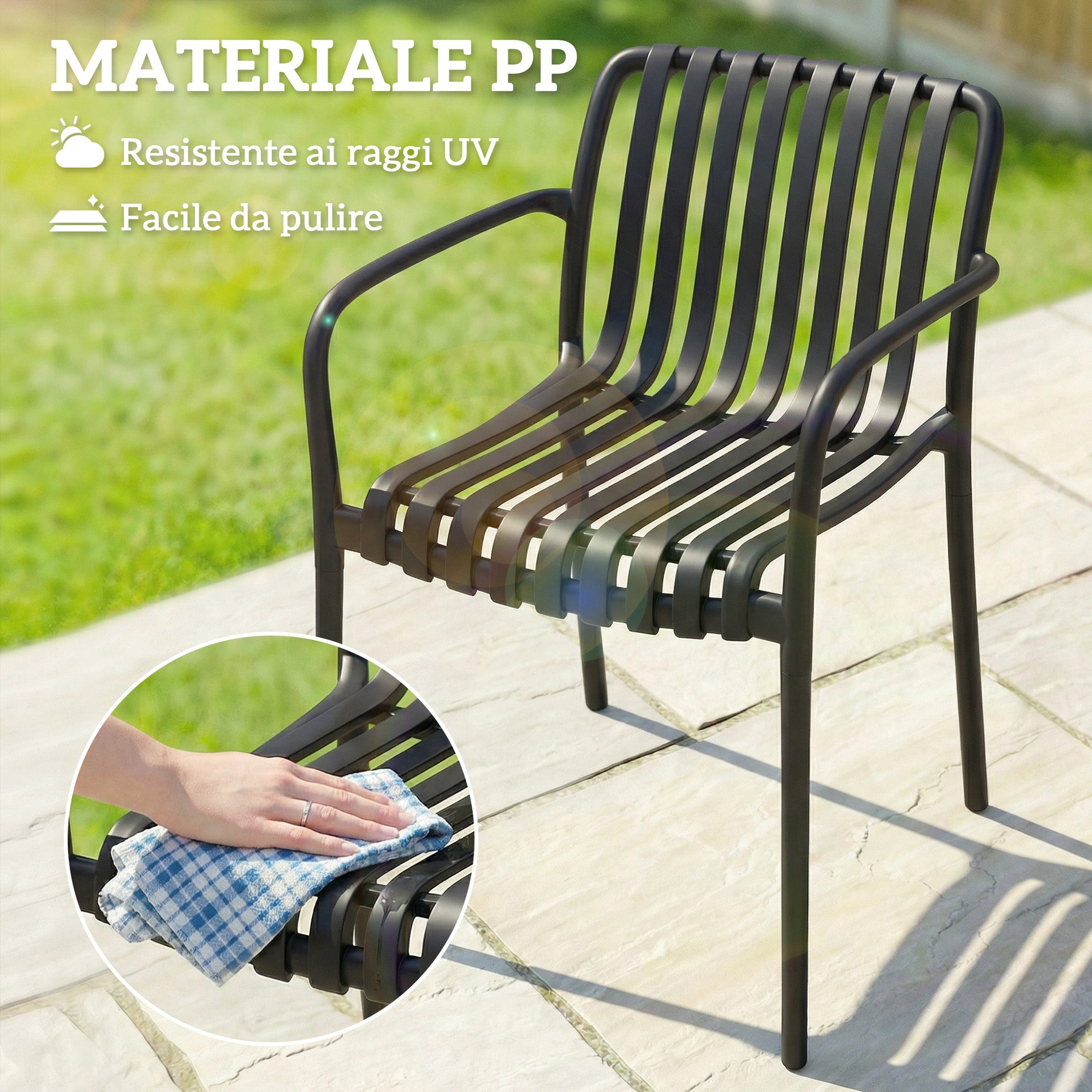 Outsunny Set of 4 Stackable Patio Chairs, Outdoor Dining Chairs with Curved Backrest, Slatted Seat and Armrests