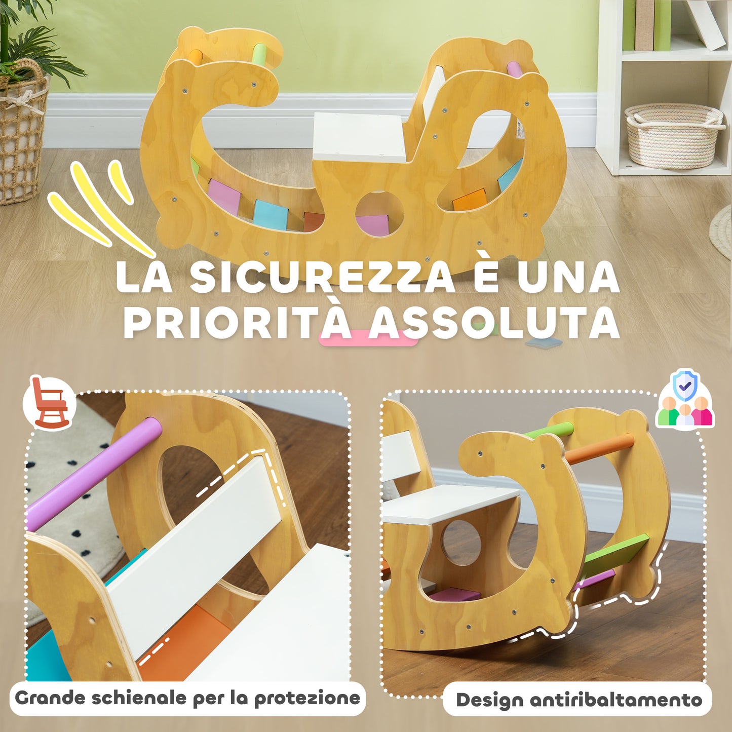 AIYAPLAY Children's Game 2 in 1 Montessori Arch and Rocking Chair for Indoor Use, in Pine Wood, 91x41x48 cm