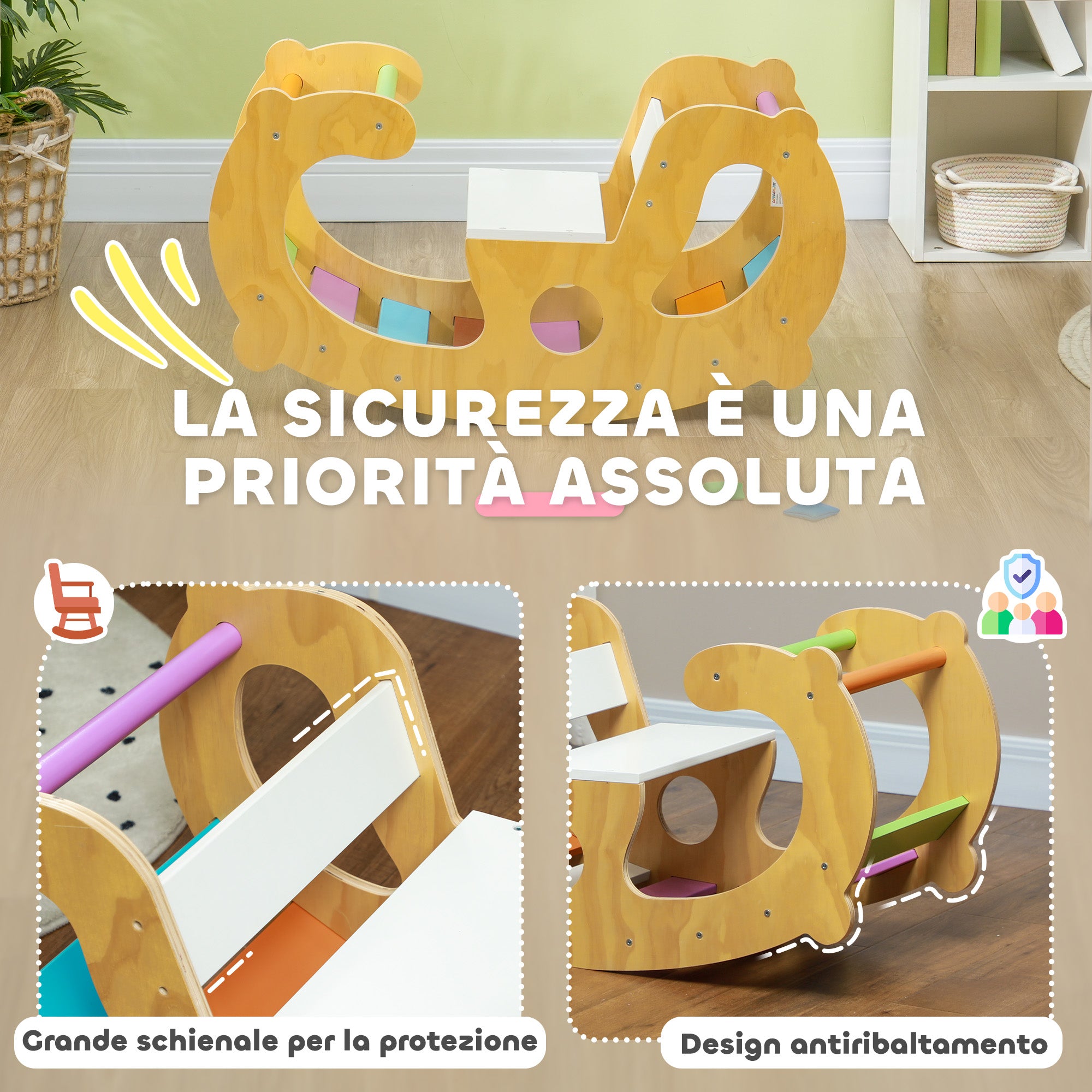 Children's Game 2 in 1 Montessori Arch and Rocking Chair for Indoor Use, in Pine Wood, 91x41x48 cm