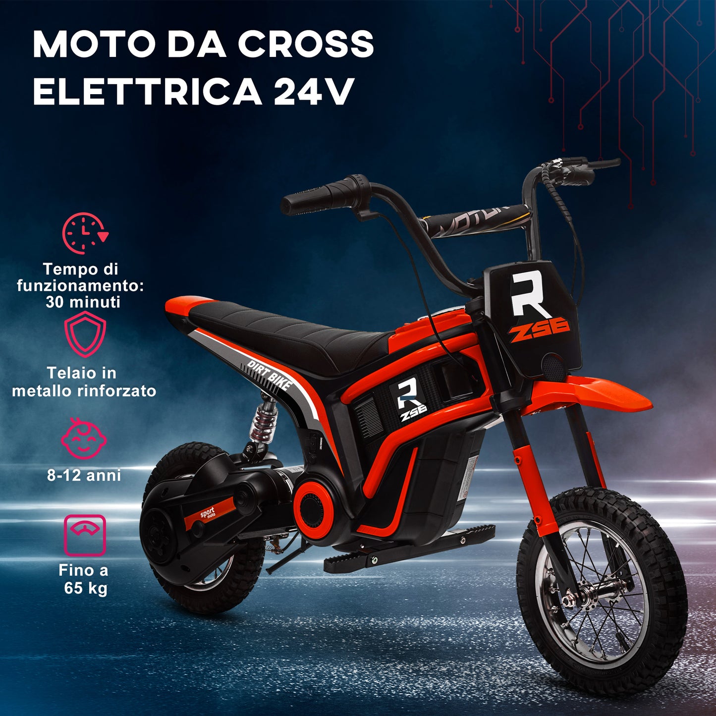 Electric Motorcycle for Children with Manual Throttle, 2 Speeds 8-16km/h, Age 8-12 Years, Red