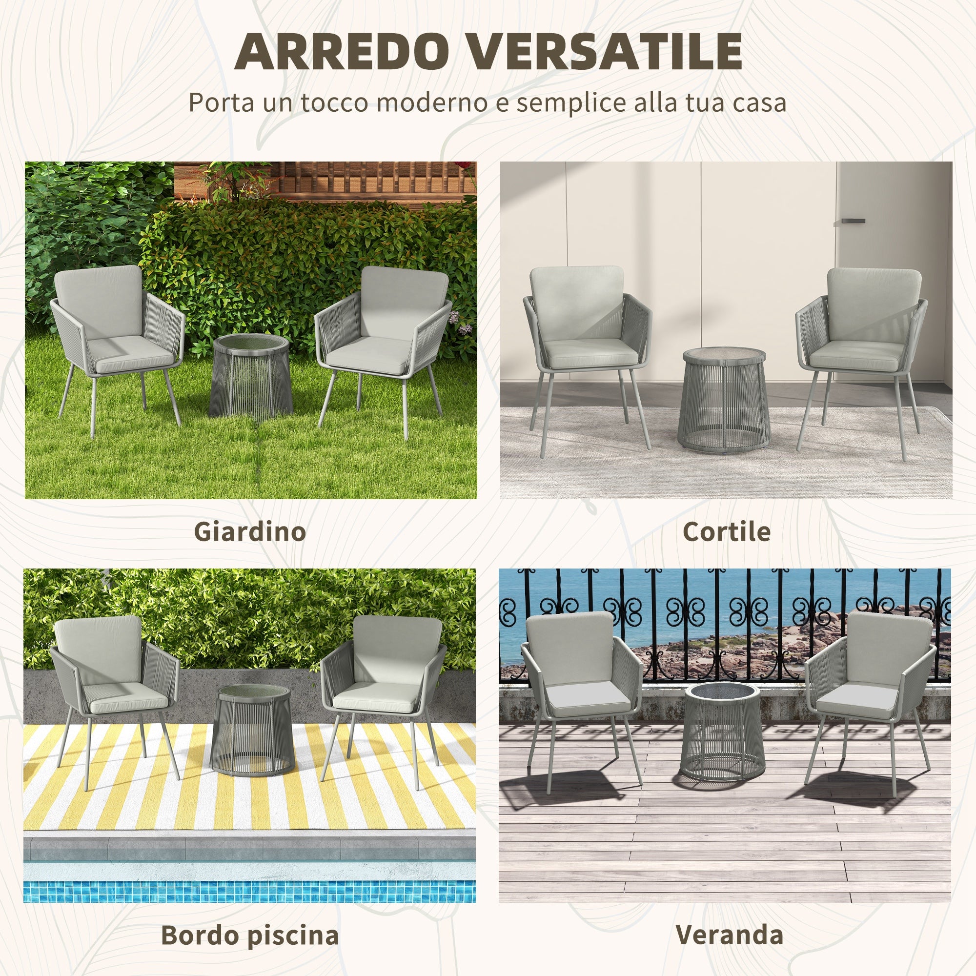 Outdoor Set with Glass Coffee Table and 2 Rattan Garden Chairs Boho Style, Light Grey
