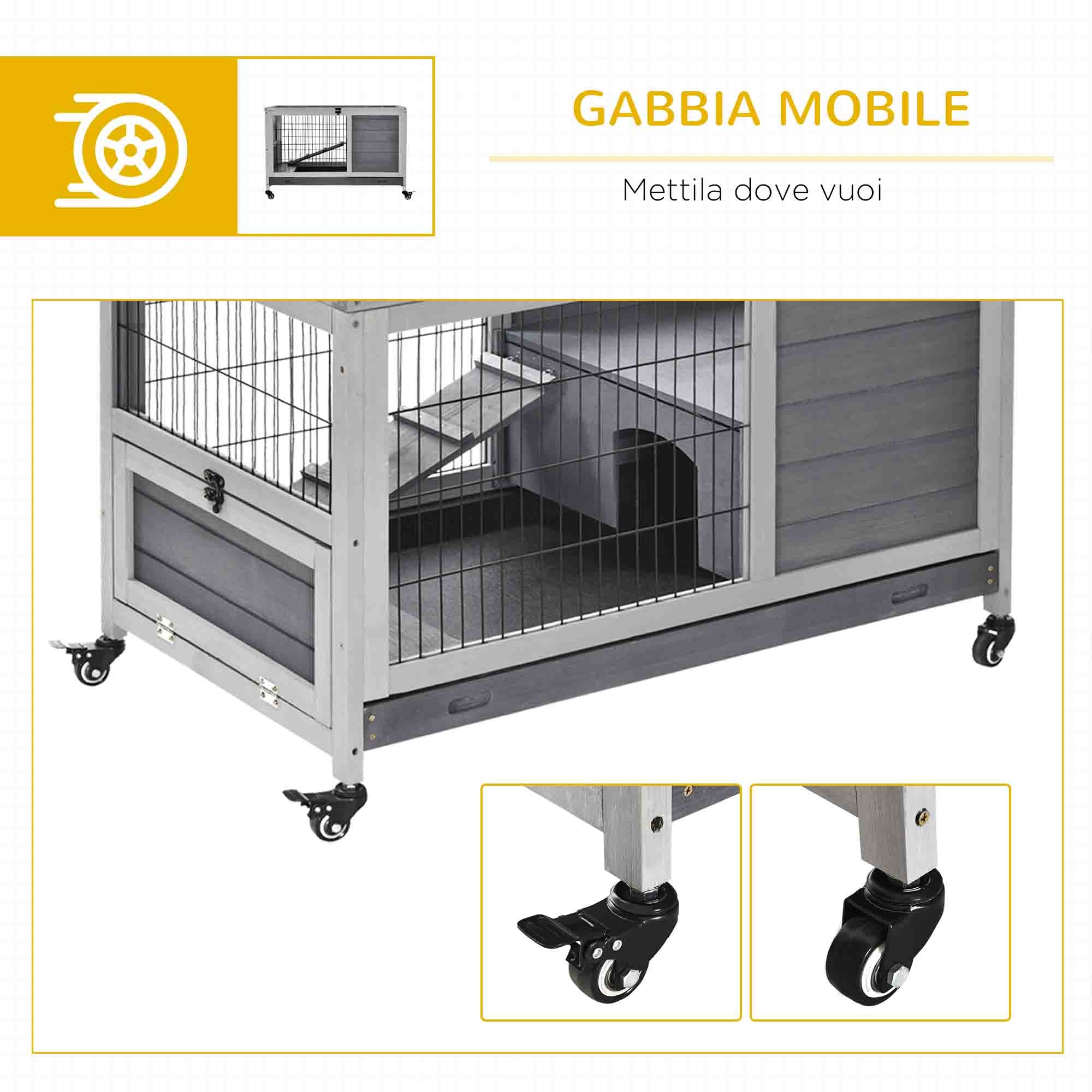 Wooden Rabbit Hutch with 4 Wheels, Rabbit House and Ramp, 90x53x59cm, Grey