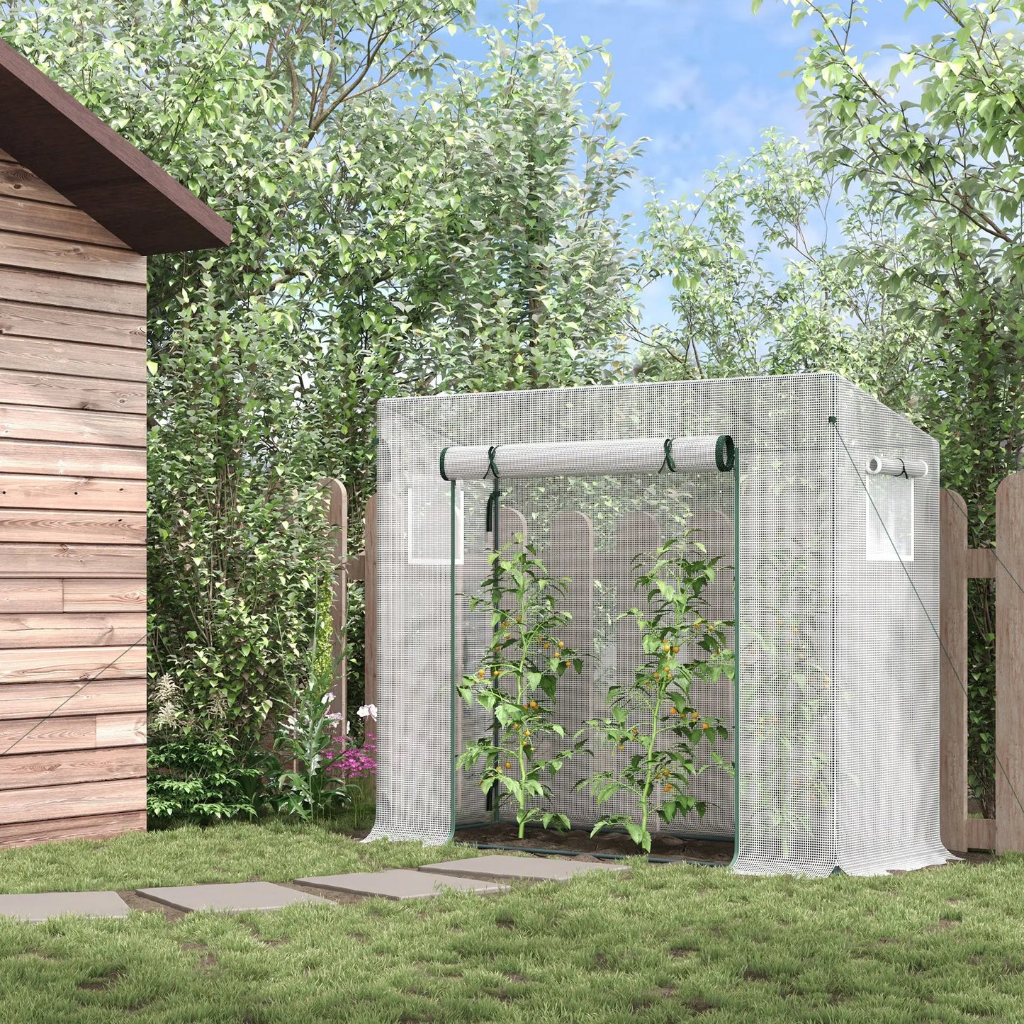 Garden Greenhouse with Roll-Up Door and Extended Edges, in Steel and PE, 200x76x168 cm, White