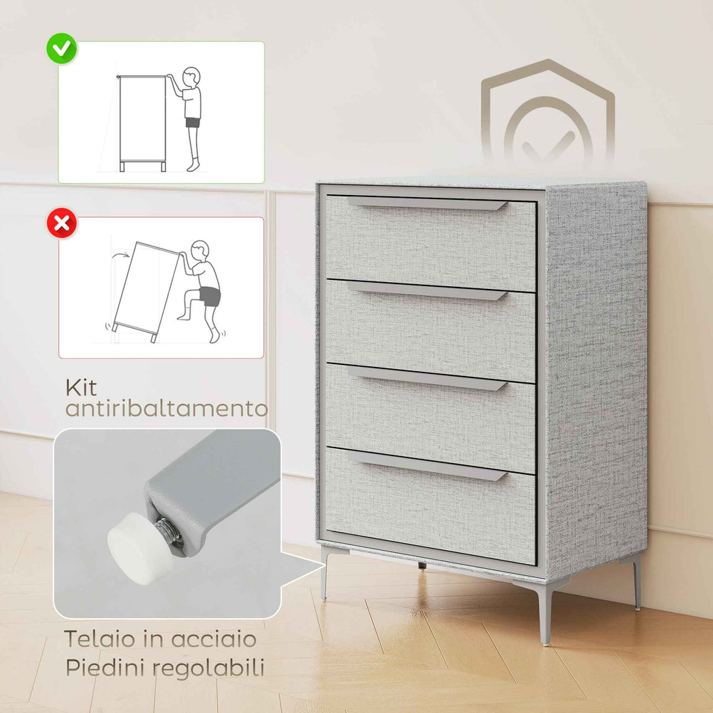 HOMCOM 4-Drawer Steel Chest of Drawers with Linen-Effect Fabric Covering, 60x36x88 cm, Grey