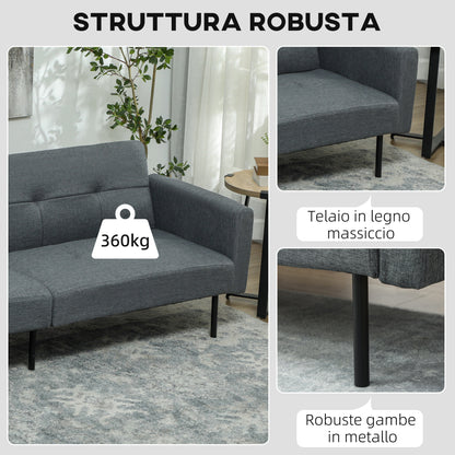 Clic Clac Sofa Bed with Adjustable Backrest in Linen Effect, Wood and Steel Fabric, 200x77x72 cm, Grey