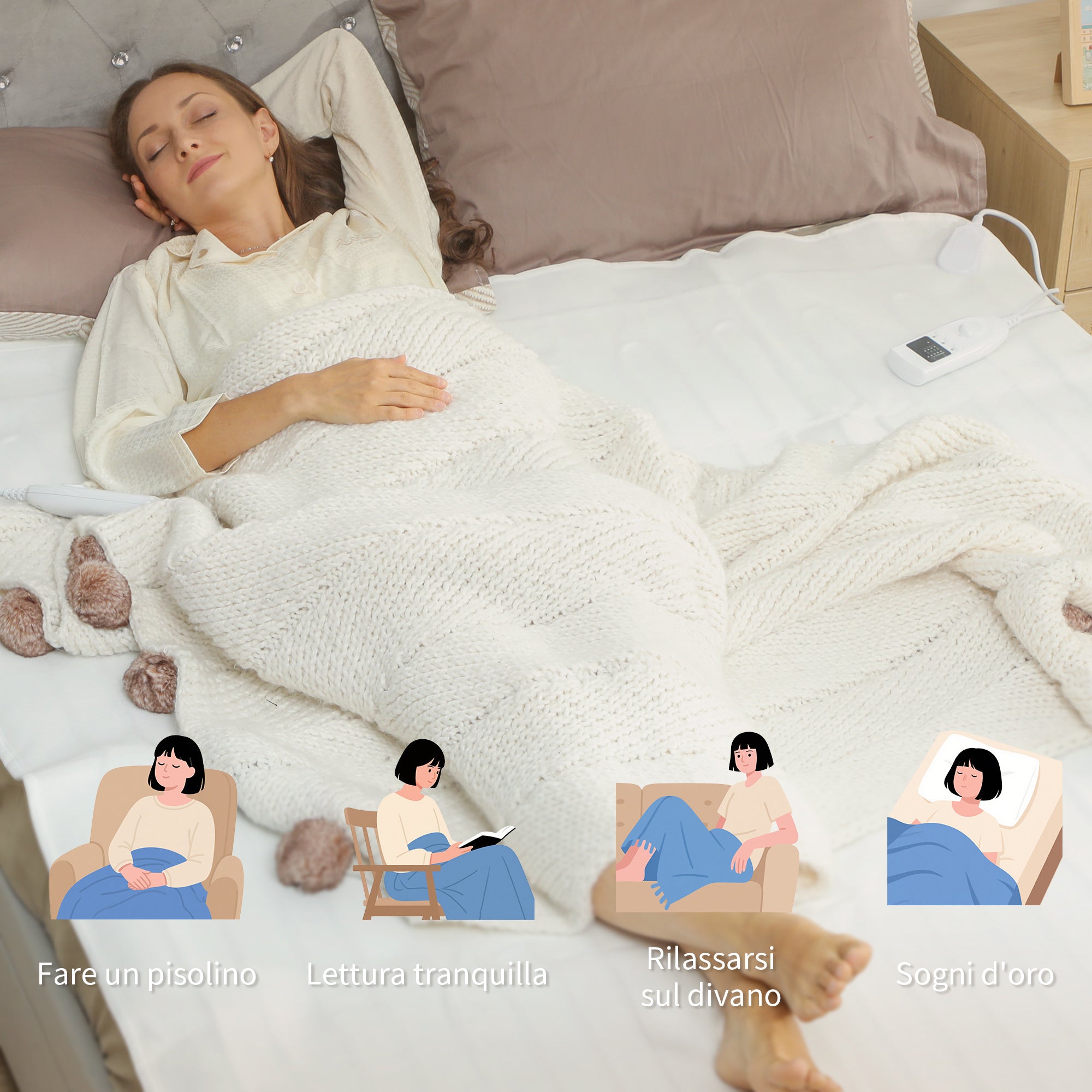 Electric Blanket 160x140 cm with 5 Heat Levels and 2 Independent Control Zones, in White Polyester
