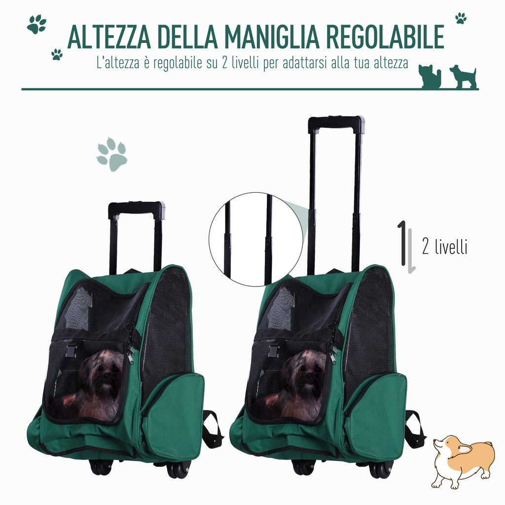 2-in-1 Pet Carrier Backpack for Dogs and Cats with Side Pockets, Telescopic Handle and Wheels, 42x25x55cm, Green