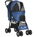 Dog Stroller with Basket, Cushion and 2 Leashes, in Steel and Oxford Fabric, 81x48x99 cm, Black and Dark Blue