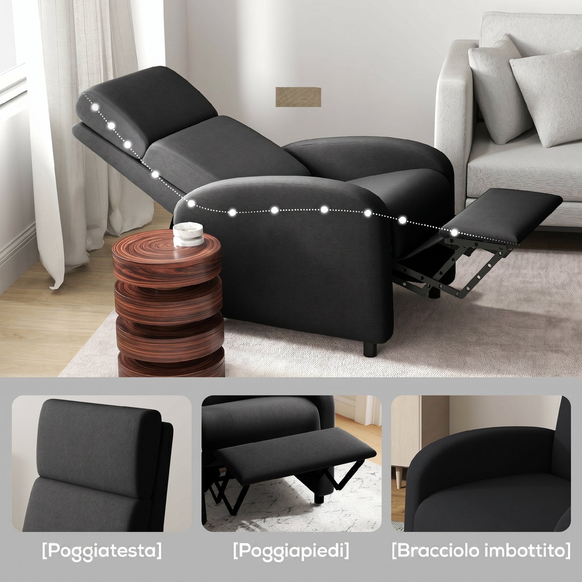 160° Manual Reclining Relaxing Chair with Linen-Effect Fabric Footrest, Black