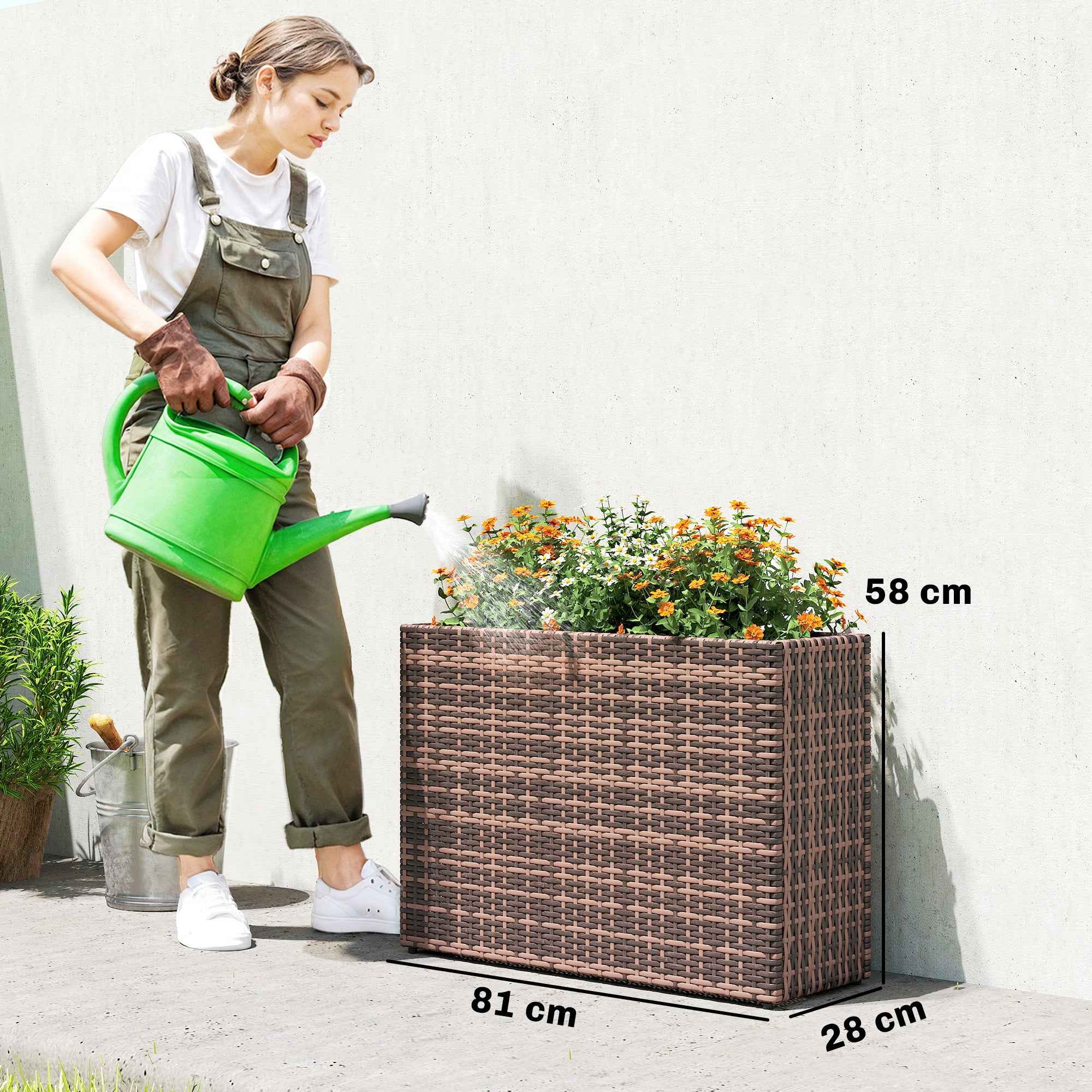 Outsunny 45L Outdoor Rattan Raised Garden Bed with Drainage Holes and Adjustable Feet, Brown