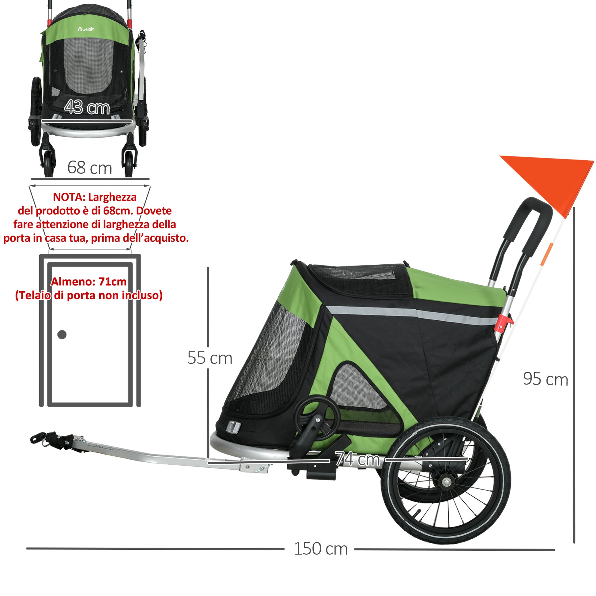 PAWHUT Bike trailer and dog stroller 2 in 1 folding with cathi -fifths and flags, greenery - Borgè