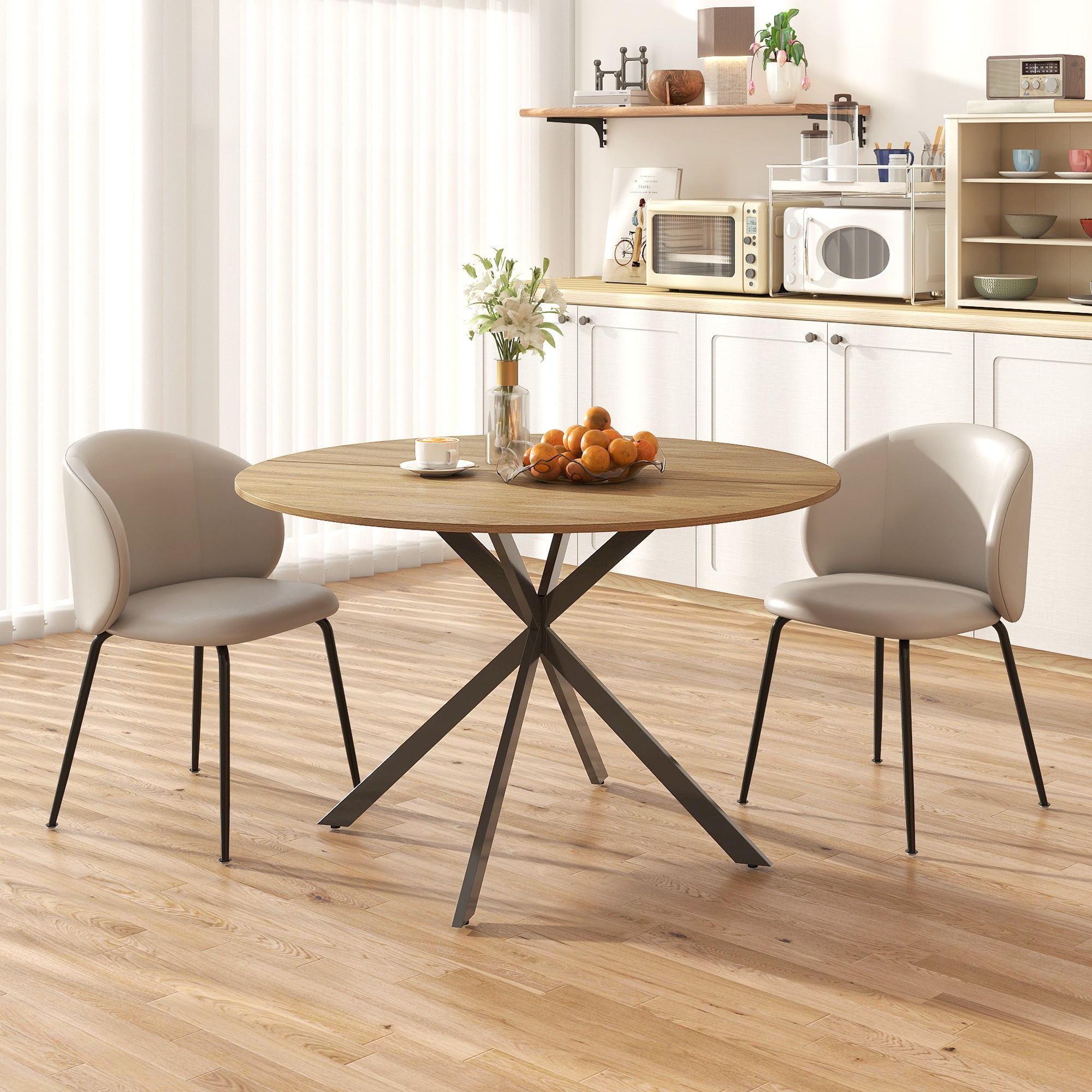 HOMCOM Industrial Style Round Dining Table with Steel Cross Legs, Ø120x75 cm, Oak Color