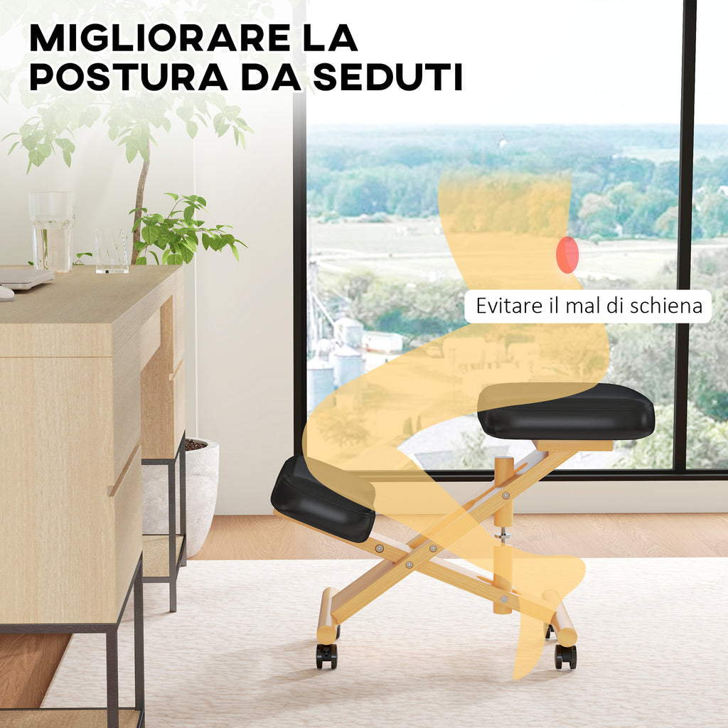 Ergonomic Postural Kneeling Chair, Adjustable Height and Wooden Wheels, Black