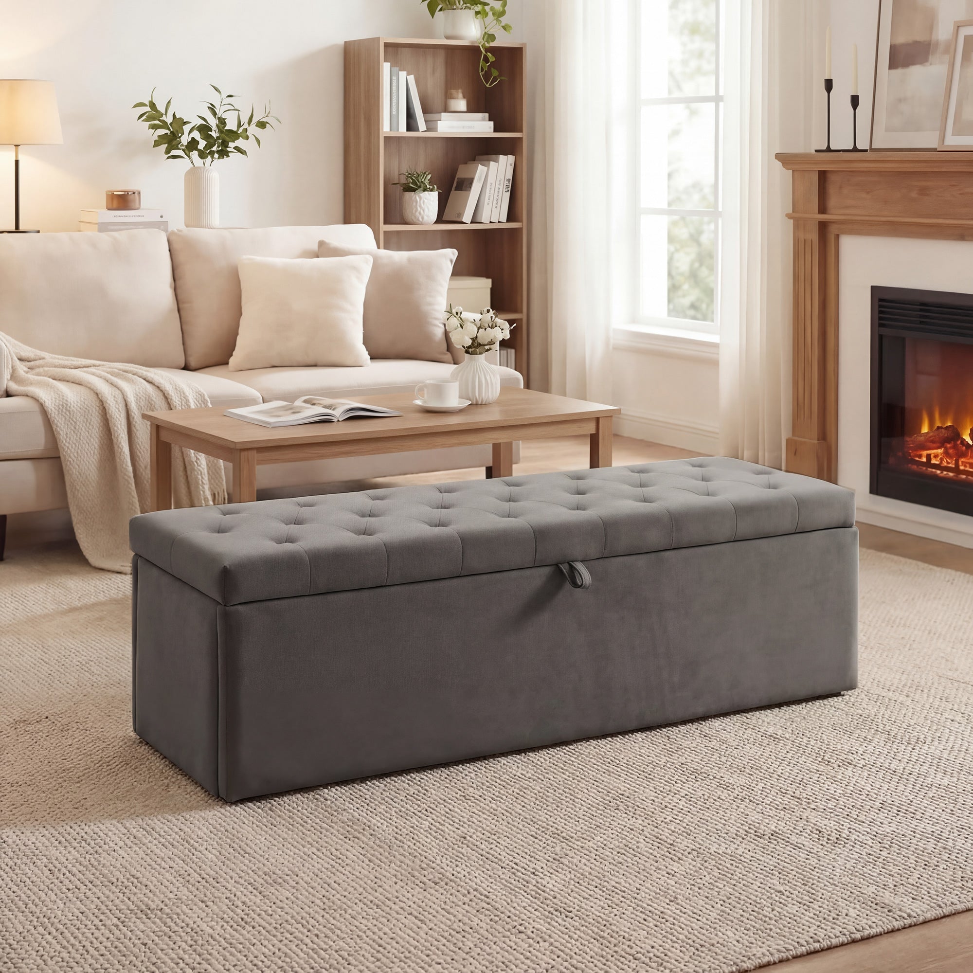 HOMCOM Velvet Storage Bench 140L with Wide Padded Seat, 240kg Capacity, Bedroom Living Room Entrance, Grey