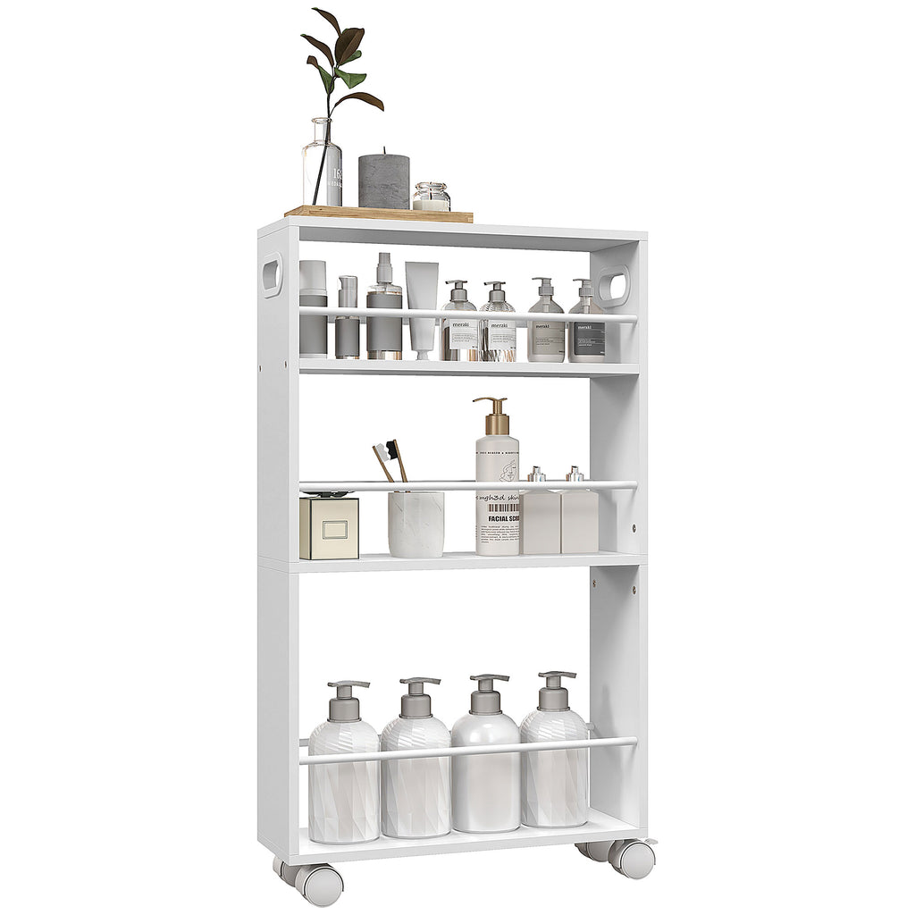 Space-Saving 3-Tier Kitchen and Bathroom Cart with Side Bars and Wheels with Brakes, White