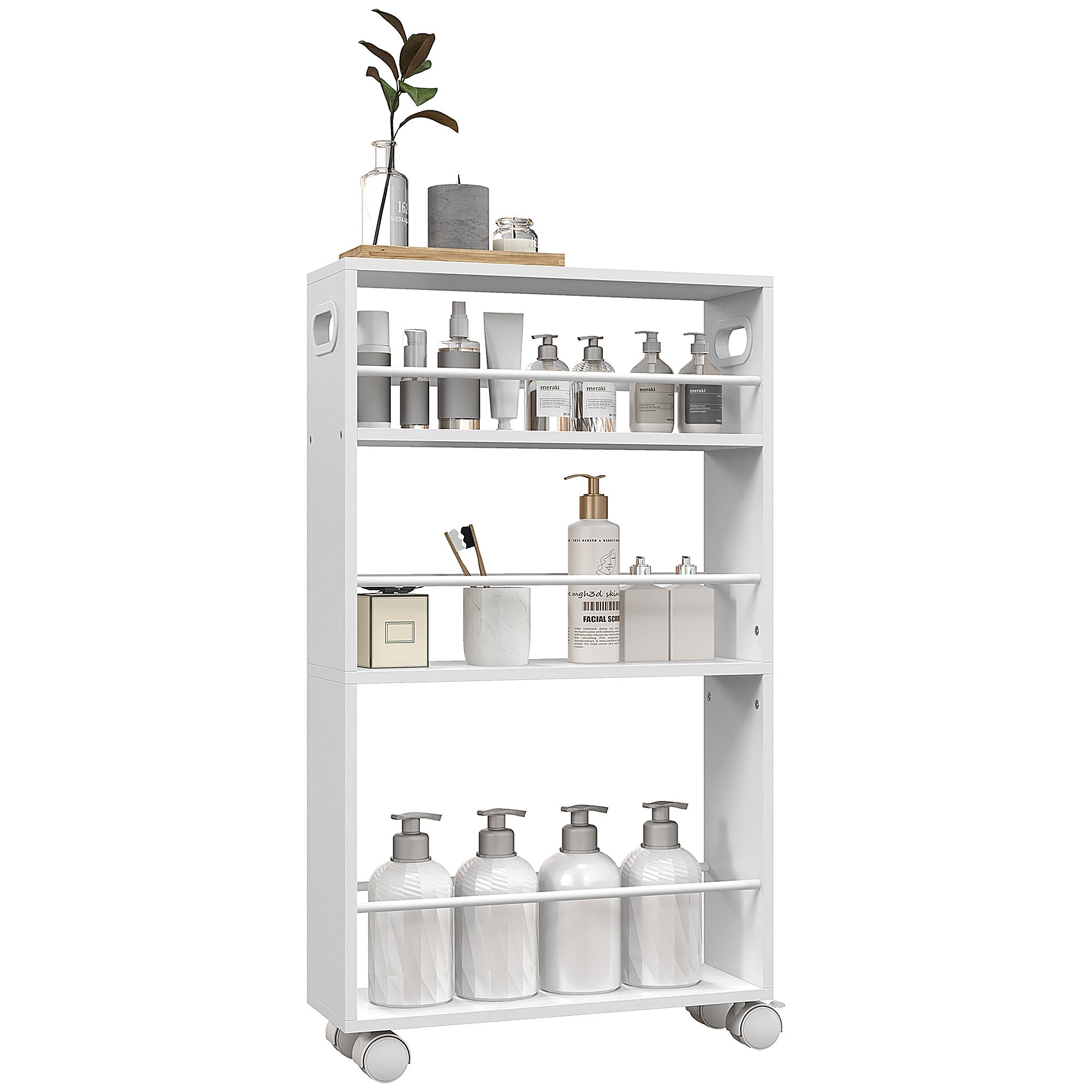 Space-Saving 3-Tier Kitchen and Bathroom Cart with Side Bars and Wheels with Brakes, White