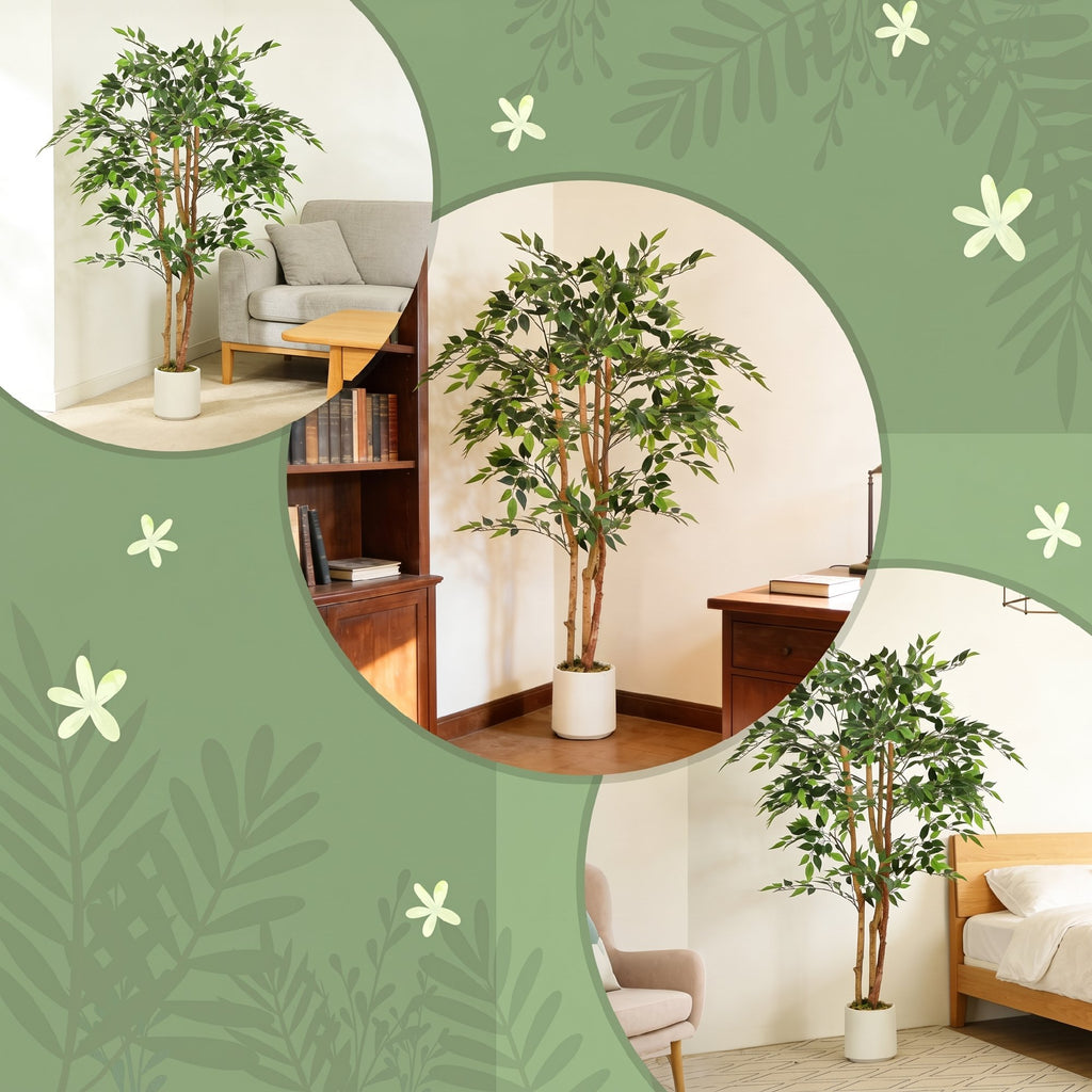 HOMCOM Artificial Banyan Tree Plant in PEVA and Wood with Adjustable Branches and White Container Pot in PP and Cement