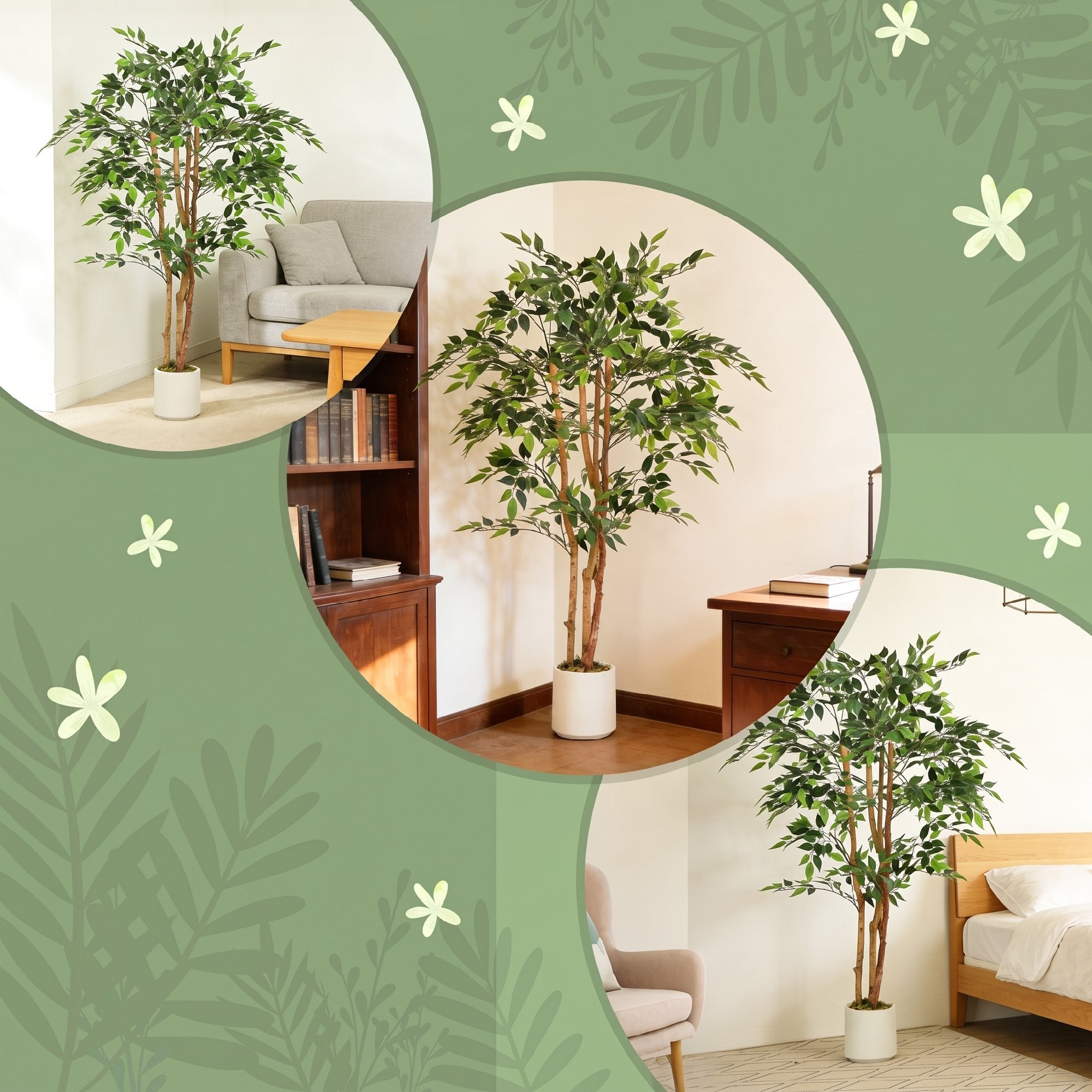 HOMCOM Artificial Banyan Tree Plant in PEVA and Wood with Adjustable Branches and White Container Pot in PP and Cement