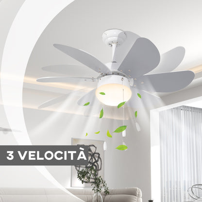 Ceiling Fan with LED Light and Chain Switch, in MDF and Acrylic, Ø76x41.5 cm, Gray and White - Borgè