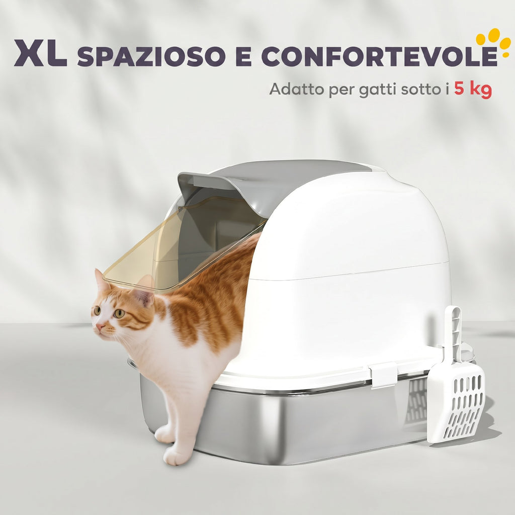 PawHut XL Stainless Steel Enclosed Cat Litter Box with Lift-Off Lid, Scoop, Deodorant Pack, White