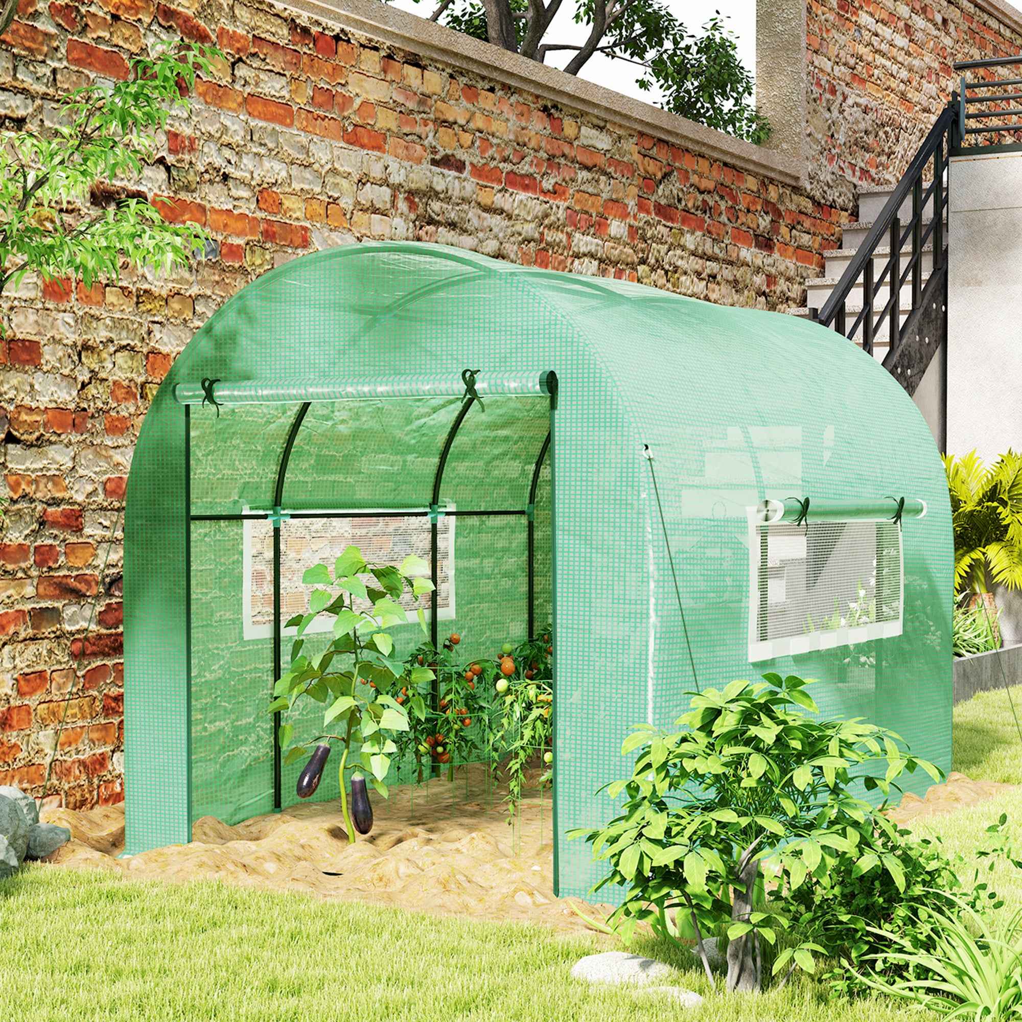 Outsunny 3x2x2 m Steel and UV-Resistant Polyethylene Tunnel Greenhouse for Vegetable Garden with Roll-Up Doors and Windows, Green