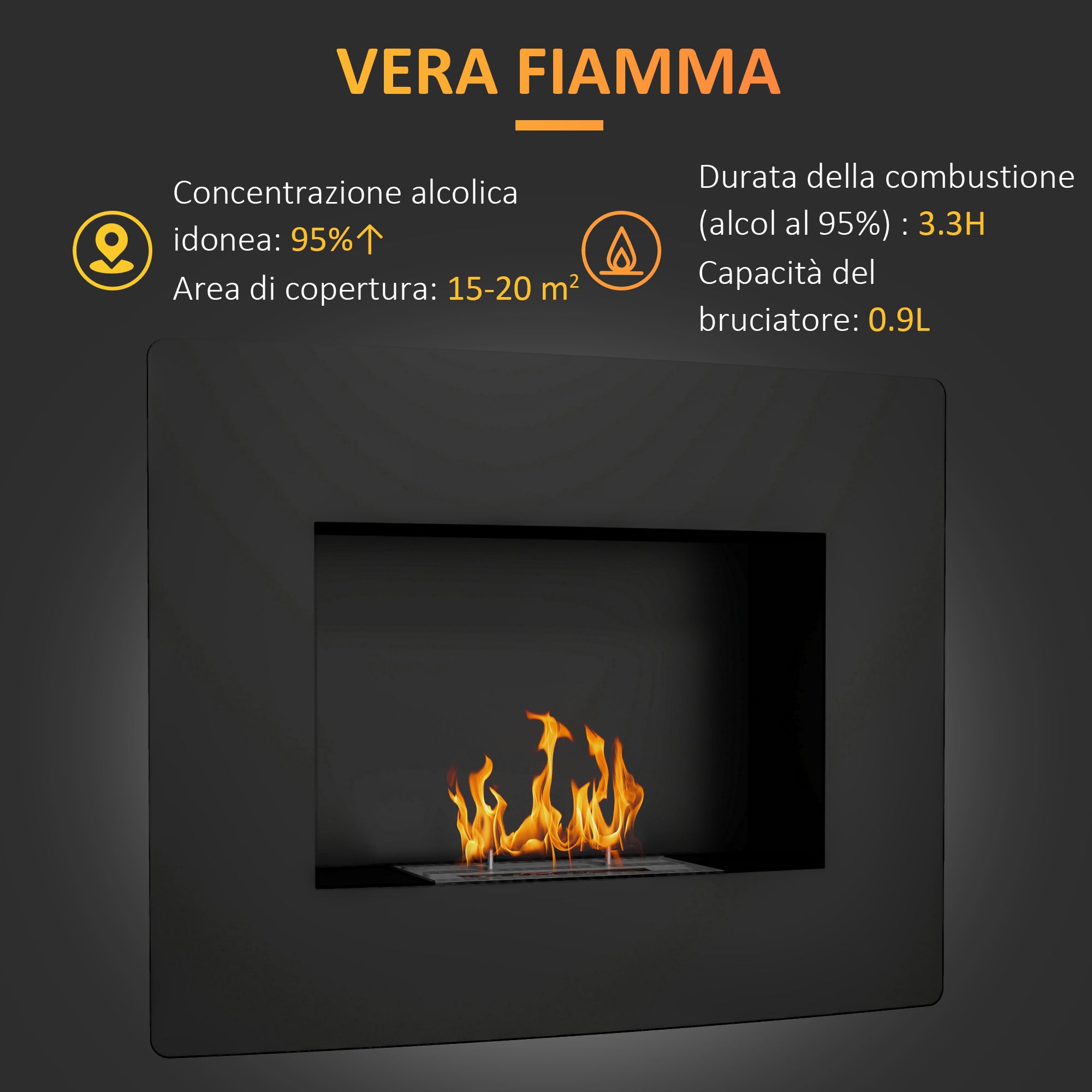 Built-in Bioethanol Fireplace in Steel, Duration 3.3 Hours and Capacity 0.9L, 66x16x52 cm, Black