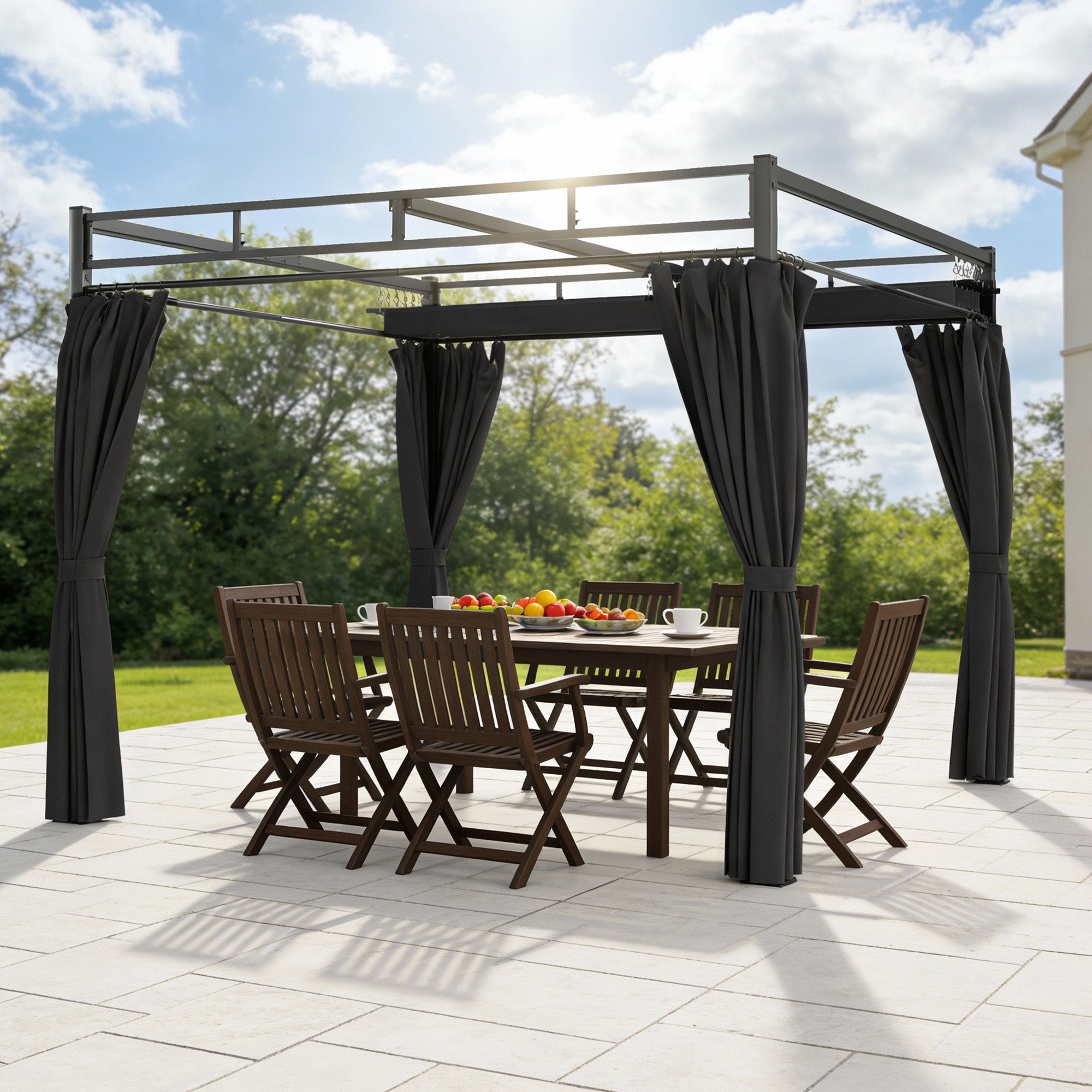 Outsunny Pergola Gazebo 3x3 m with Sliding Roof UV30+ and 4 Side Walls, Dark Grey