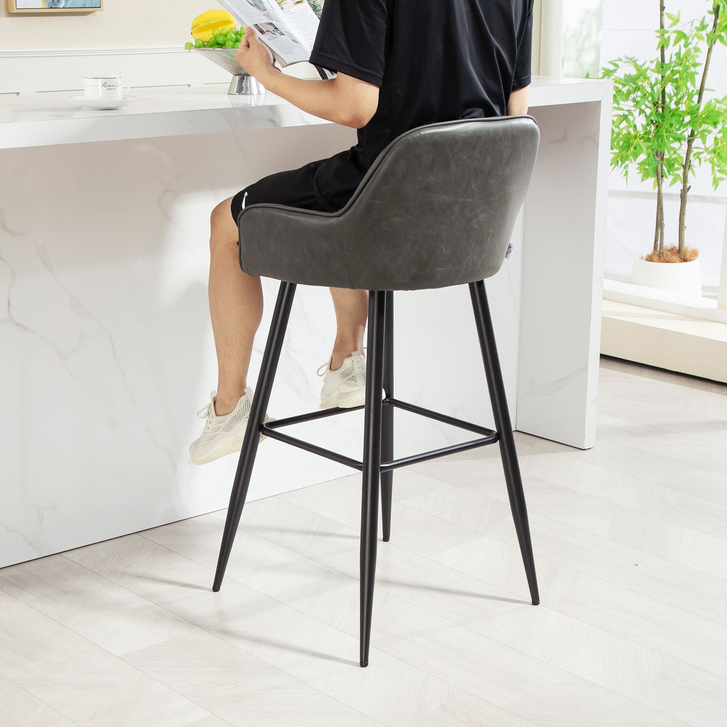 Set of 2 Modern Bar Stools with Footrest and Backrest, Faux Leather PU and Steel, Gray