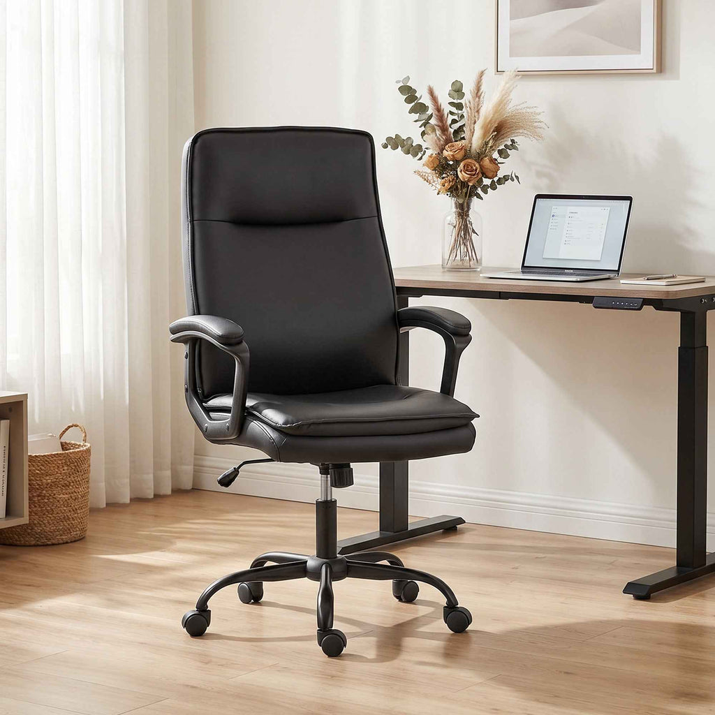 HOMCOM PU Leather Swivel Office Chair, Rocking Function, High Back, Adjustable Height, 120kg Capacity, Black