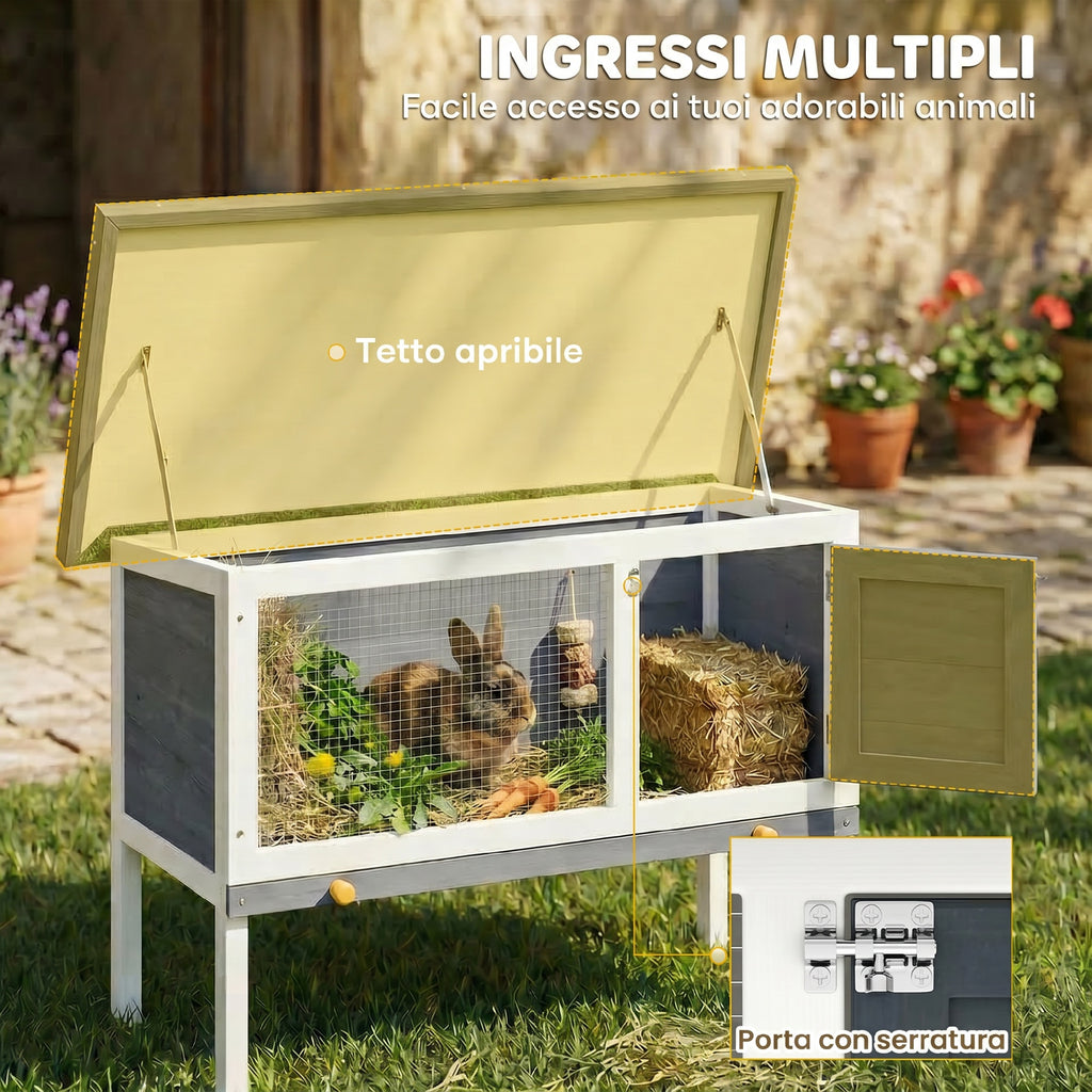 PawHut Outdoor Rabbit Hutch in Pine Wood with Removable Tray, Opening Roof and Lockable Door, Grey