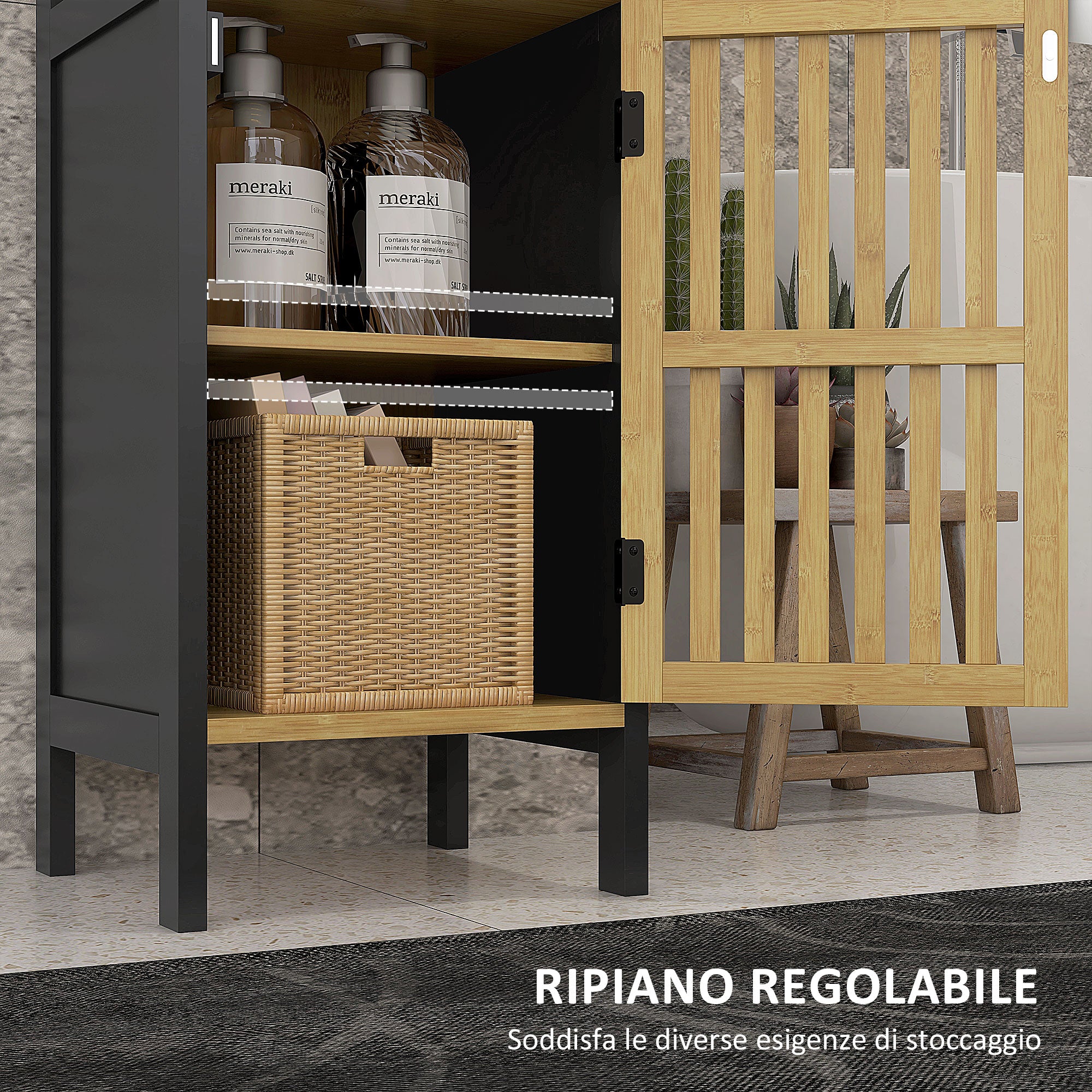 HOMCOM Bathroom Cabinet with Open Shelf and Cabinet, in MDF and Bamboo, 32x30x90.5 cm, Black and Wood Color - Borgè