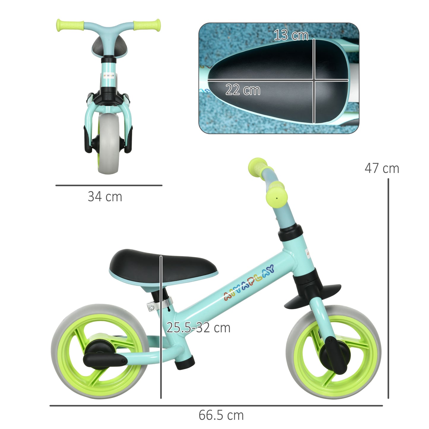 AIYAPLAY Balance Bike for Children up to 4 years with Adjustable Saddle, in Steel, PP, PU and TPR, 66.5x34x47 cm - Borgè