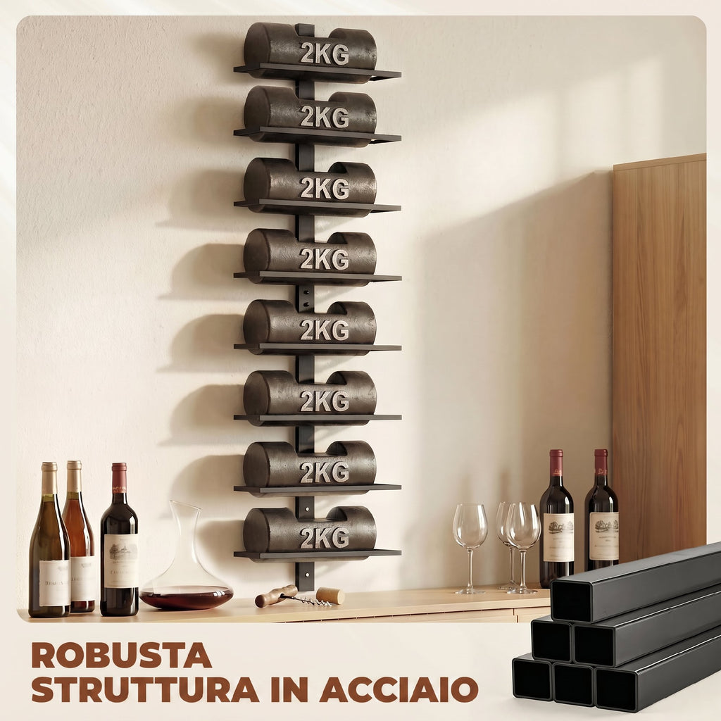 HOMCOM Wall-Mounted Steel Wine Rack for 8 Bottles, Kitchen and Living Room, 27 x 10 x 93.5 cm, Black