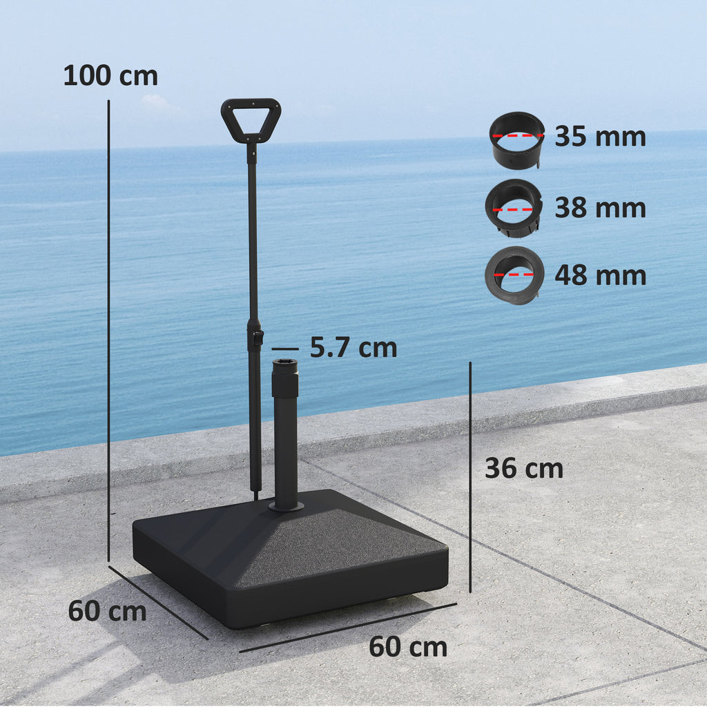 HDPE Umbrella Base with Handle and Wheels and Fillable with Water or Sand, 60x60x100 cm, Black