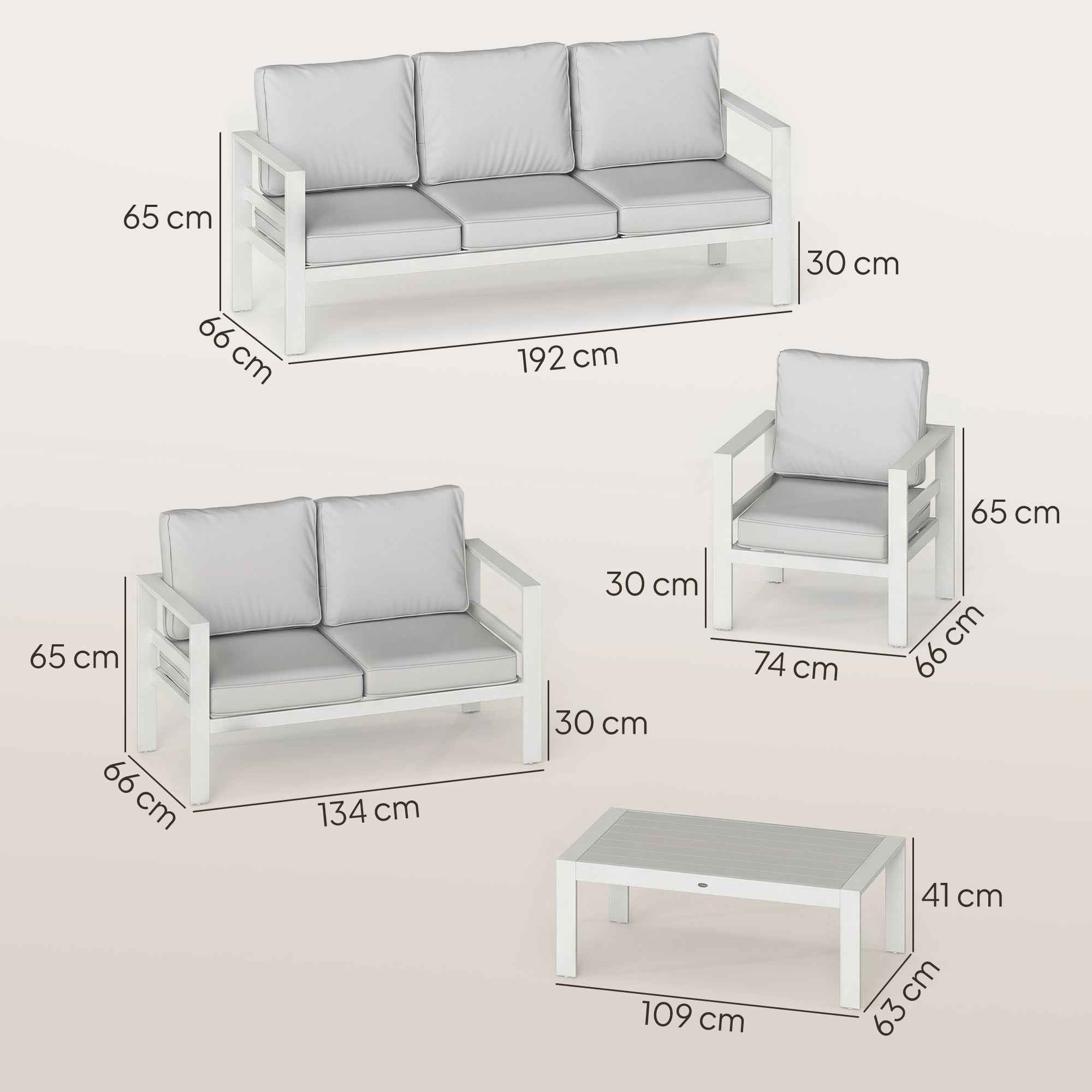 Aluminum Garden Furniture Set with 3-Seater Sofa, 2 Chairs, and Outdoor Table, White